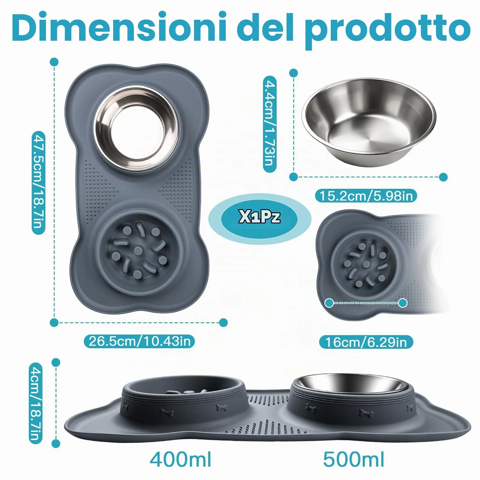 Liuliushun Ciotola per cani 3 in 1 Anti Ingozzamento in Silicone e Acciaio Inossidabile, Grigio - immagine 2