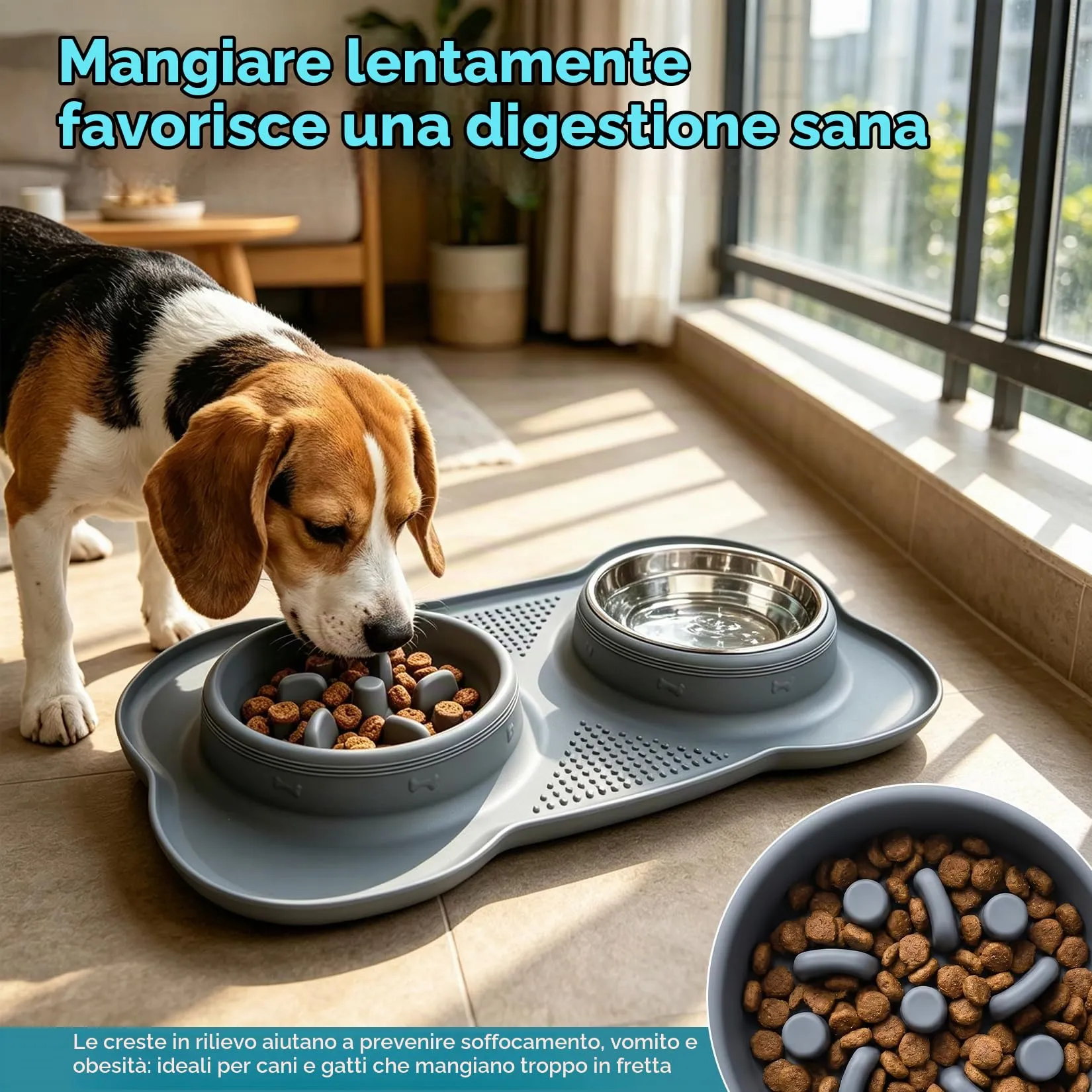 Liuliushun Ciotola per cani 3 in 1 Anti Ingozzamento in Silicone e Acciaio Inossidabile, Grigio - immagine 3