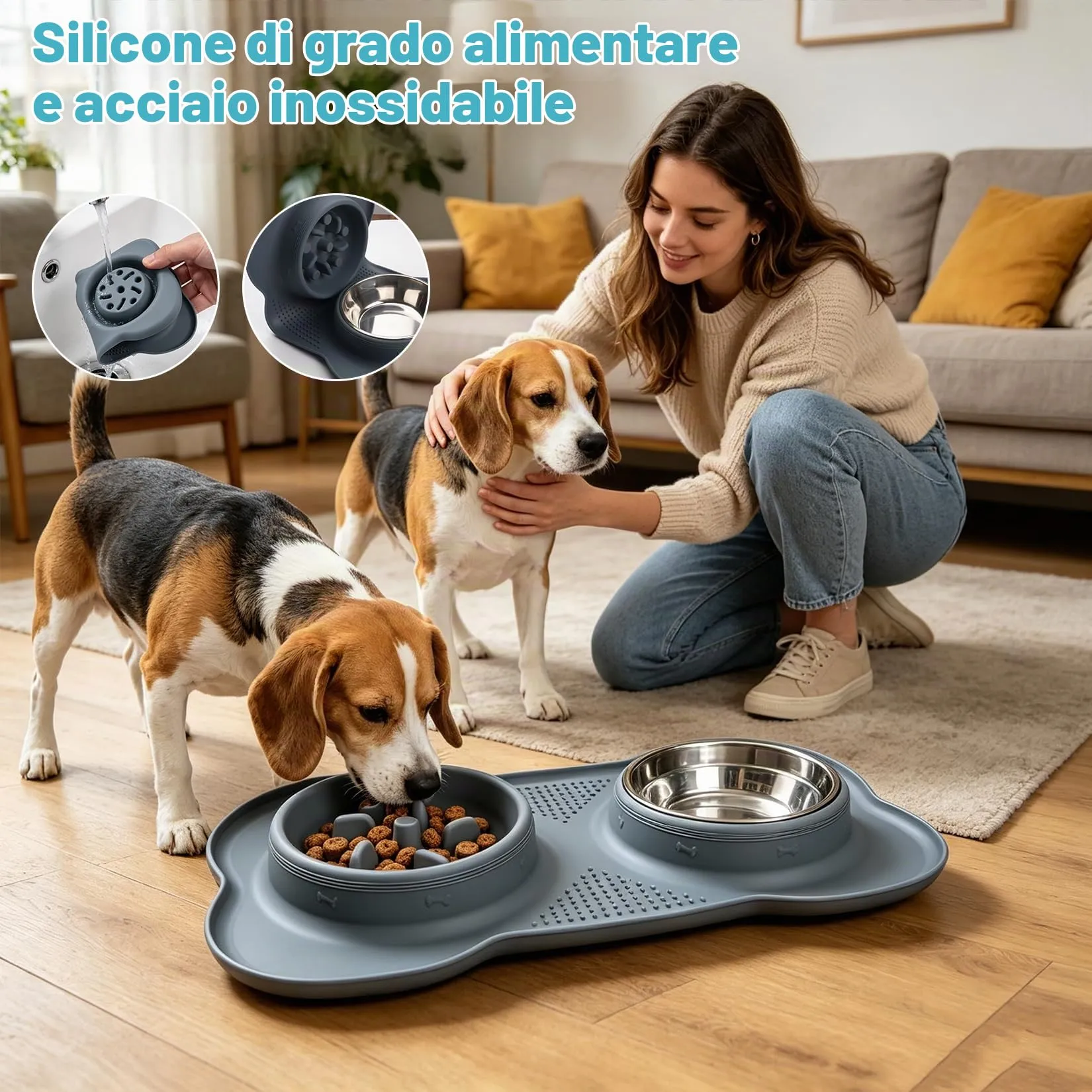 Liuliushun Ciotola per cani 3 in 1 Anti Ingozzamento in Silicone e Acciaio Inossidabile, Grigio - immagine 4