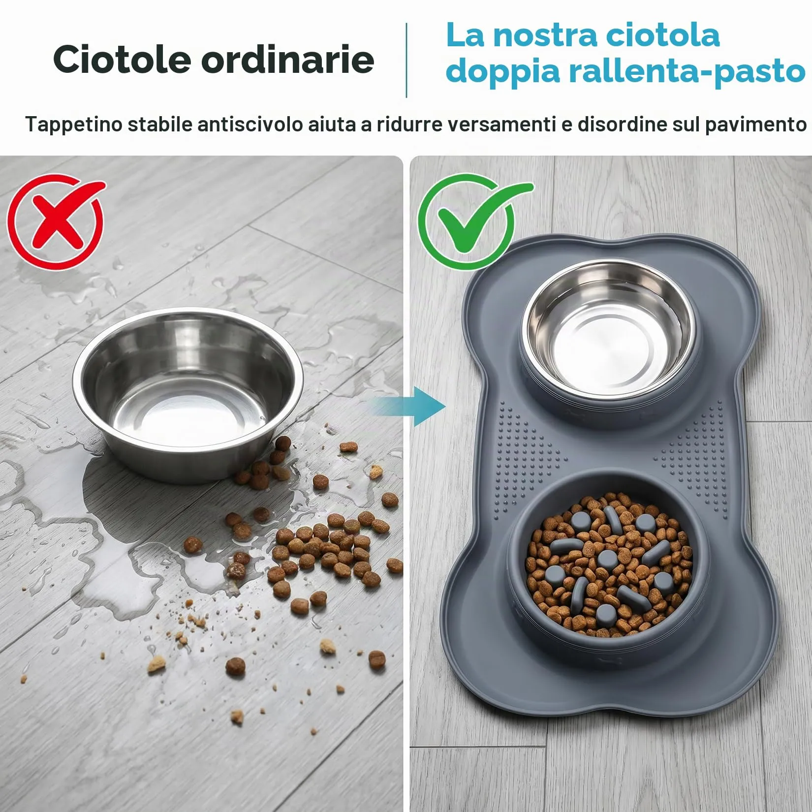 Liuliushun Ciotola per cani 3 in 1 Anti Ingozzamento in Silicone e Acciaio Inossidabile, Grigio - immagine 5