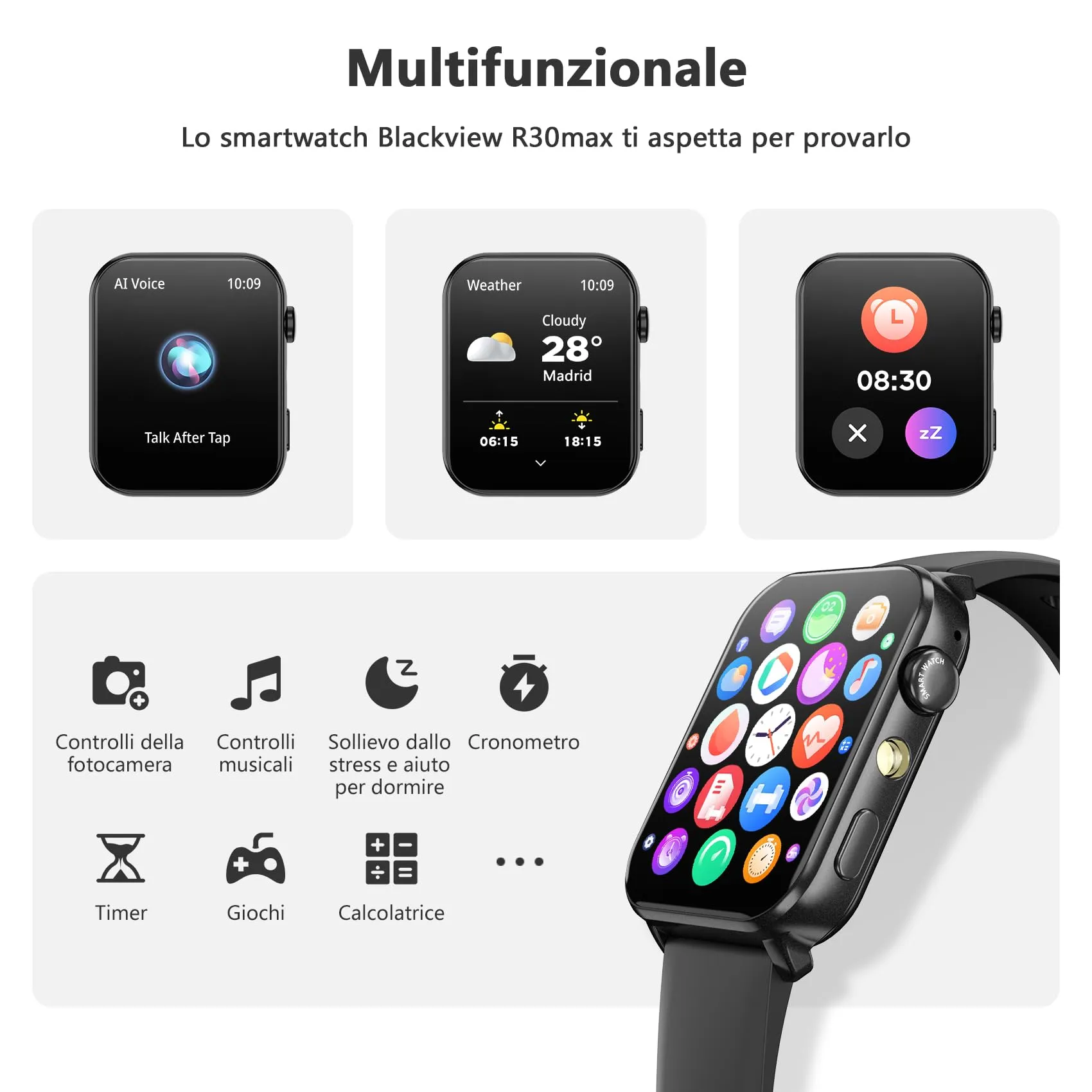 Blackview R30max Smartwatch 1,91'' Bluetooth Call, 100+ Modalità Sportive, Cardiofrequenzimetro, SpO2, Monitoraggio Sonno, Torcia, IP68 per Android e iOS - immagine 6