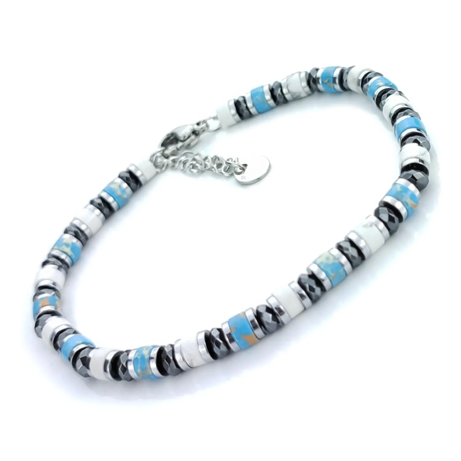Saga Gioielli Bracciale Uomo Rondelle Pietre Dure Acciaio Aulite, Turchese e Cristalli - immagine 1