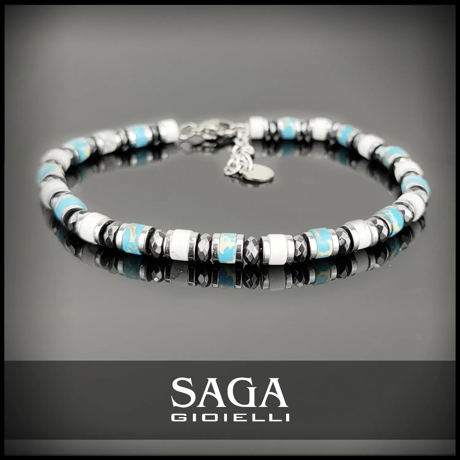 Saga Gioielli Bracciale Uomo Rondelle Pietre Dure Acciaio Aulite, Turchese e Cristalli - immagine 2