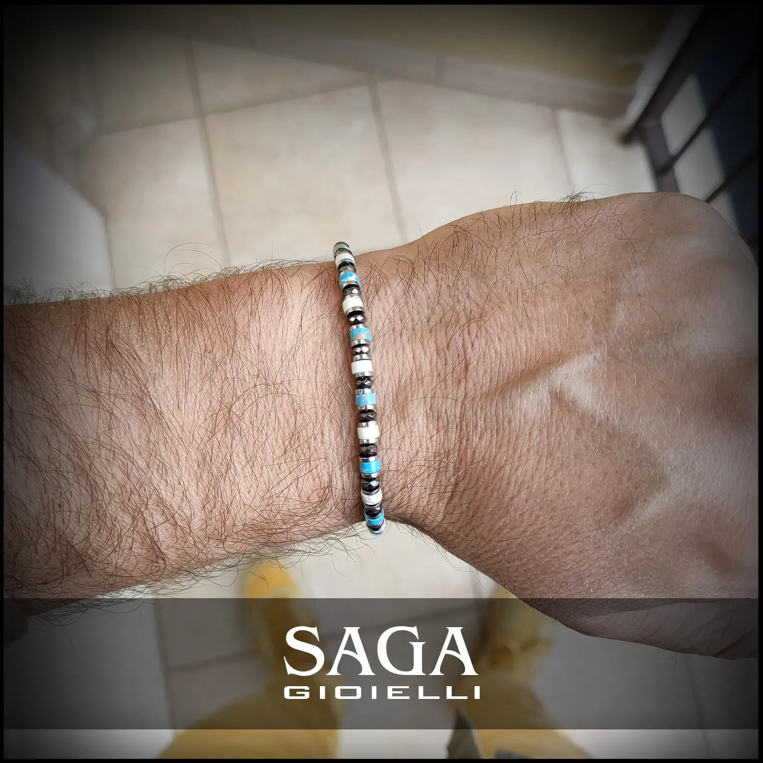 Saga Gioielli Bracciale Uomo Rondelle Pietre Dure Acciaio Aulite, Turchese e Cristalli - immagine 6