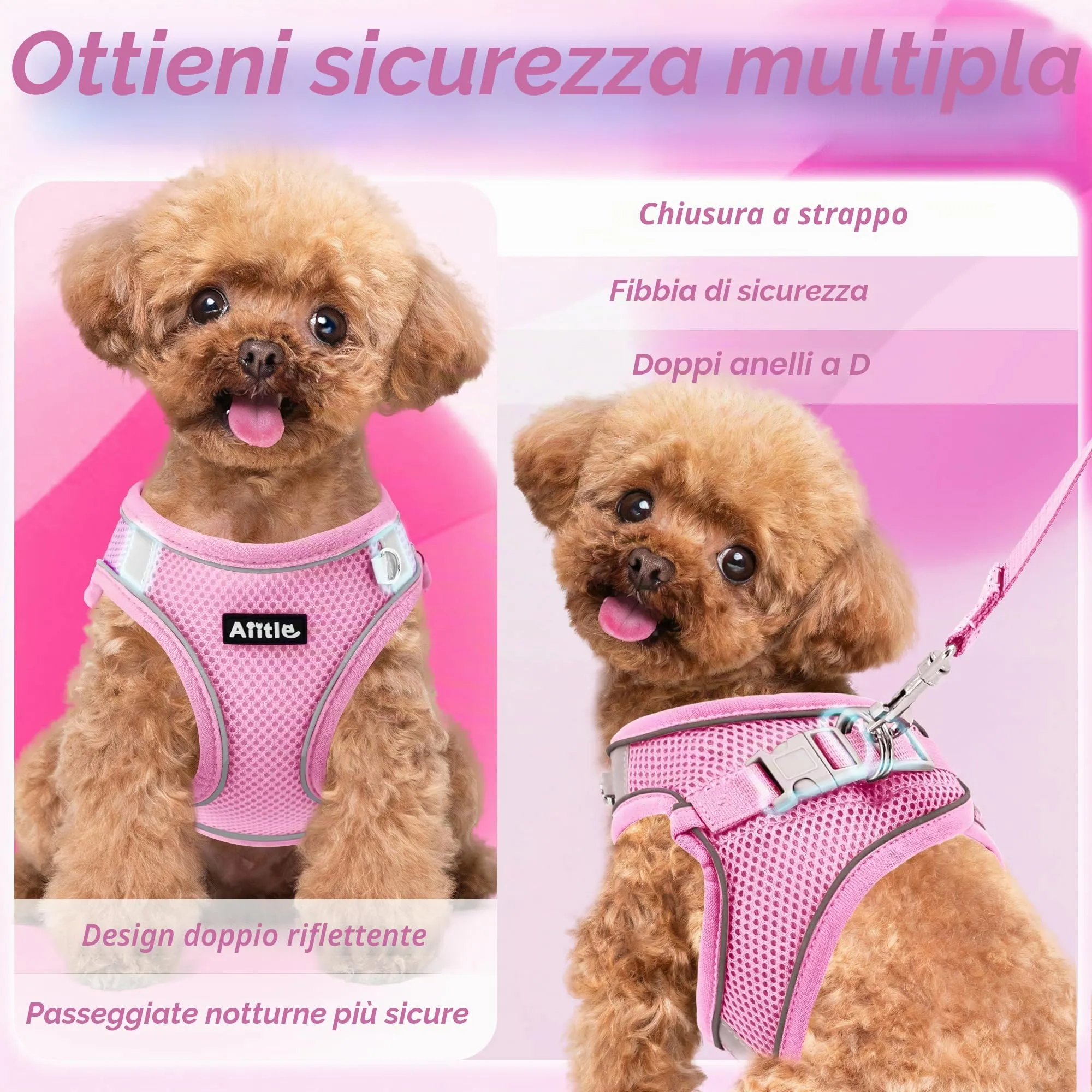 Aiitle Pettorina e Guinzaglio per Cani Anti-tiro e Anti-fuga con Fasce Riflettenti, Rosa M - immagine 9