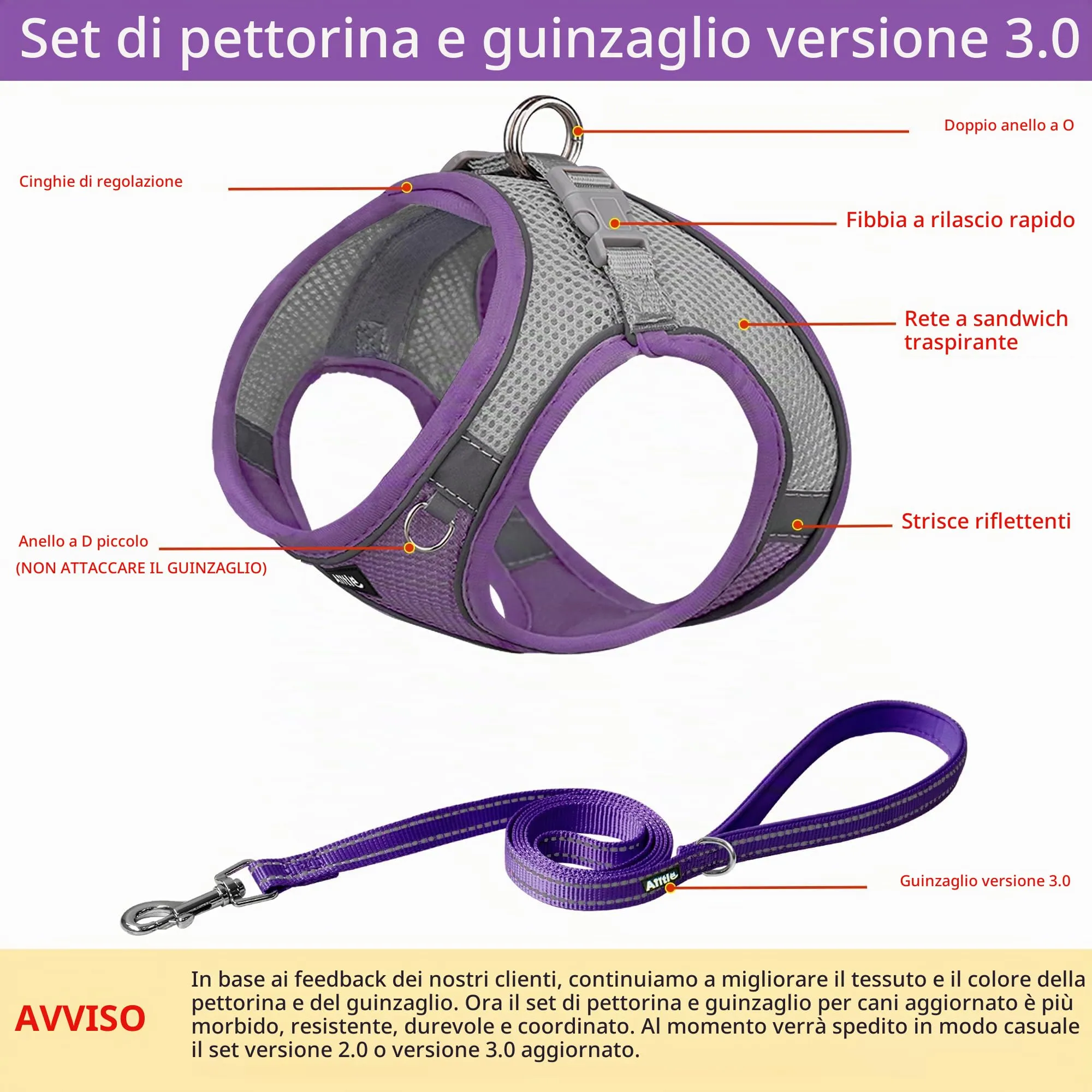 Aiitle Pettorina per cuccioli con guinzaglio, rete traspirante e anti-tiro per cani di piccola taglia e gatti, Viola XXS - immagine 4