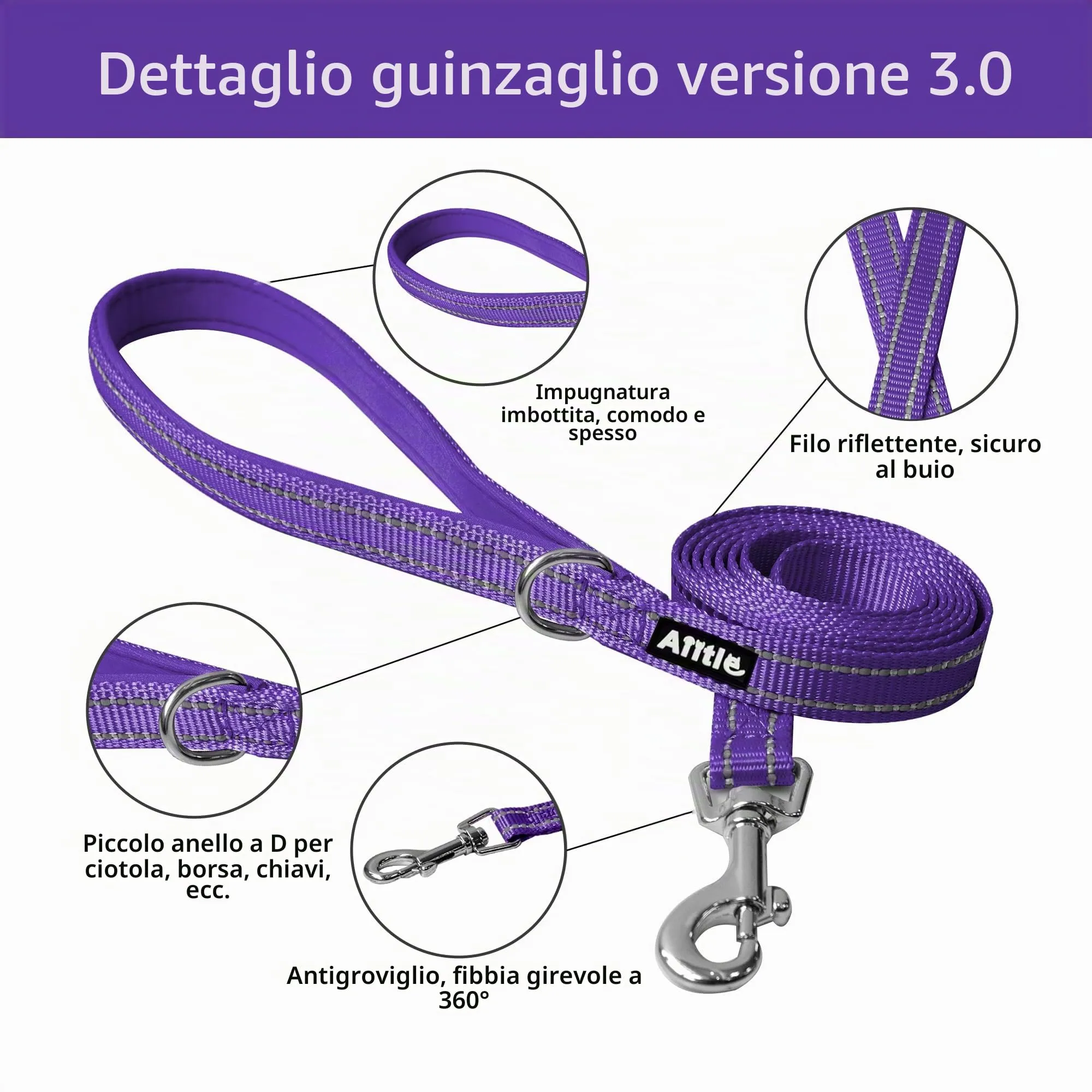 Aiitle Pettorina e Guinzaglio per Cani Anti-tiro e Anti-fuga Riflettente, Viola, M - immagine 4