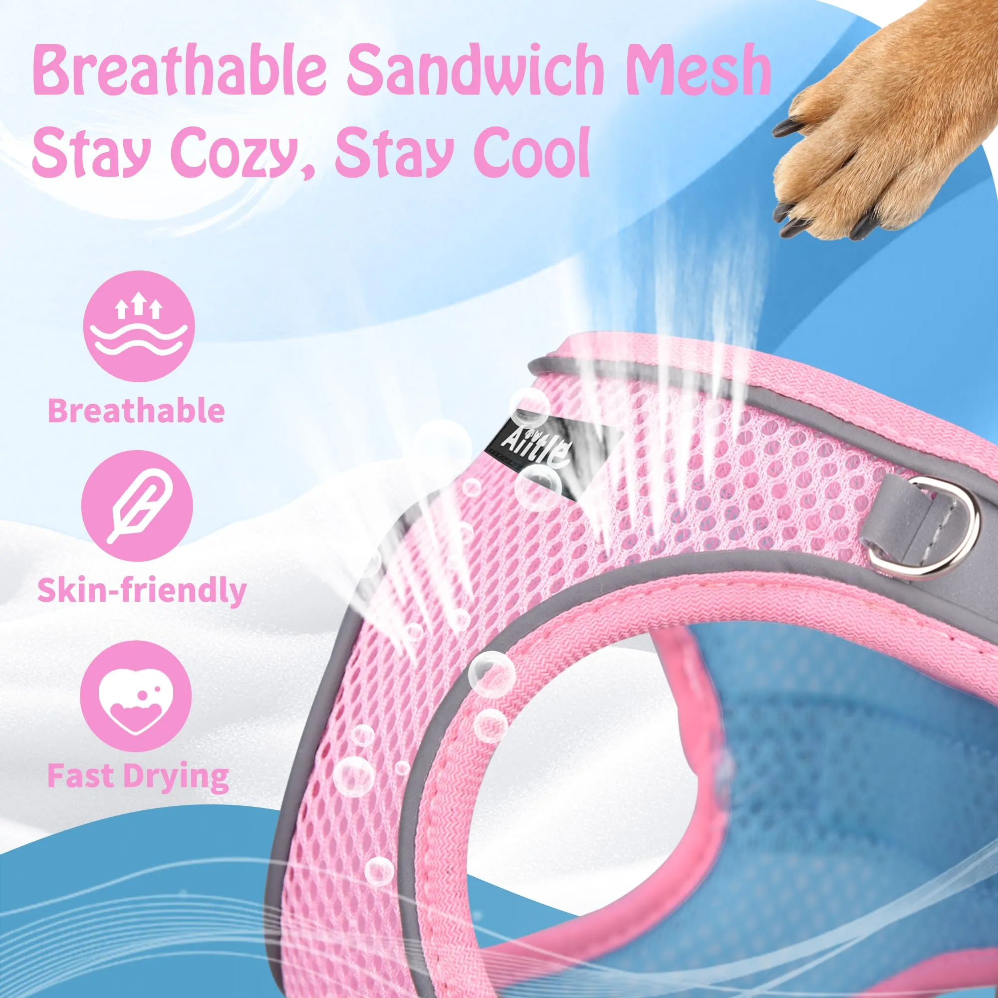 Aiitle Pettorina Estiva per Cani e Gatti con Guinzaglio, Gilet Riflettente Regolabile e Traspirante, Taglia XXXS, Rosa, a Pois - immagine 6