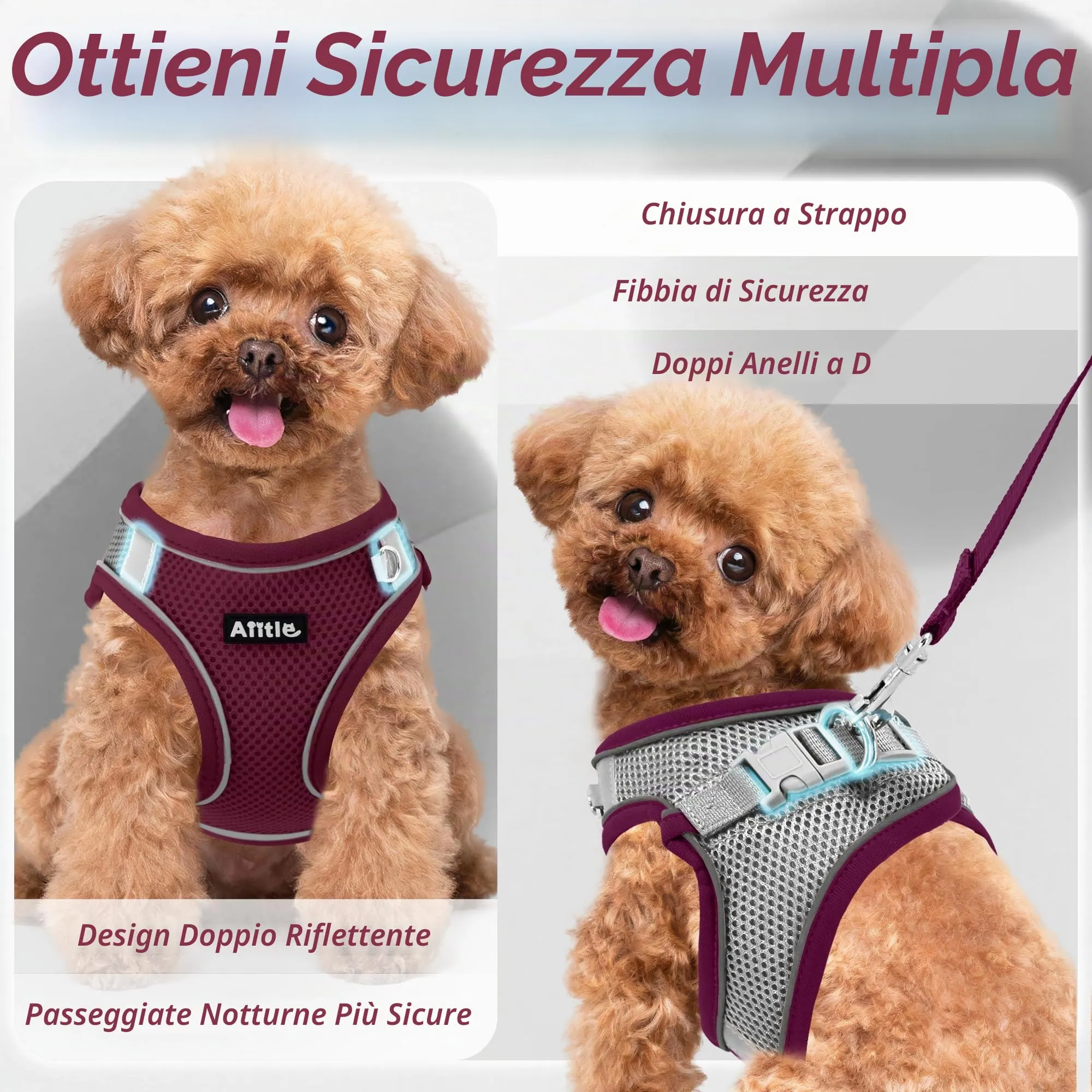 Aiitle Pettorina e Guinzaglio per Cani Anti-Tiro e Anti-Fuga con Fasce Riflettenti, Borgogna M - immagine 6