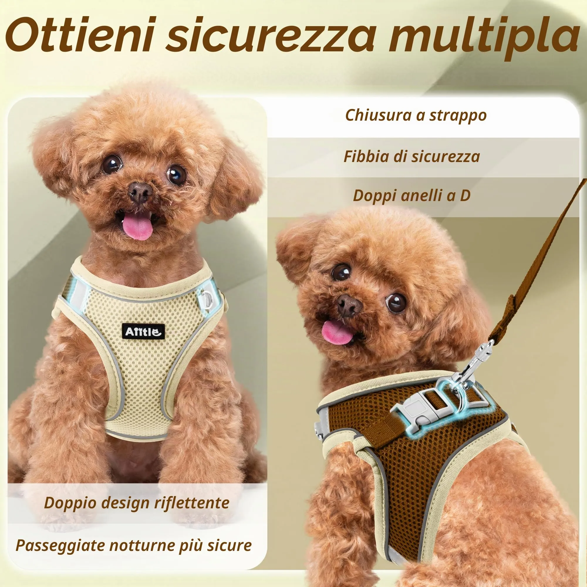 Aiitle Pettorina anti-tiro regolabile con guinzaglio imbottito per cani di piccola e media taglia, Beige, S - immagine 7