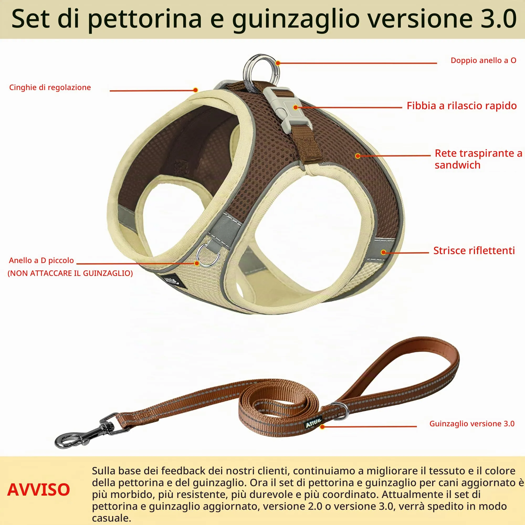 Aiitle Pettorina e guinzaglio per cani anti-tiro e anti-fuga con fasce riflettenti, Beige M - immagine 3