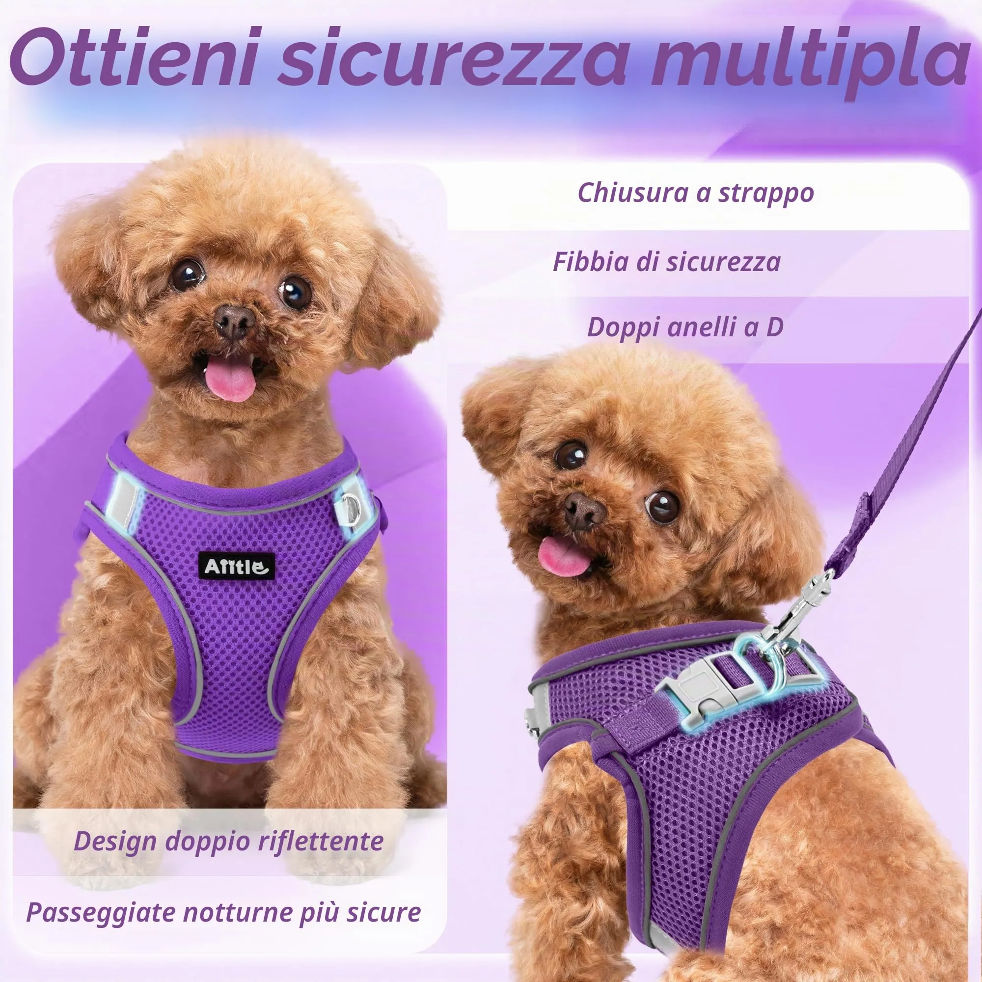 Aiitle Pettorina e Guinzaglio per Cani Anti-tiro e Anti-fuga con Fasce Riflettenti, Viola puro, M - immagine 3