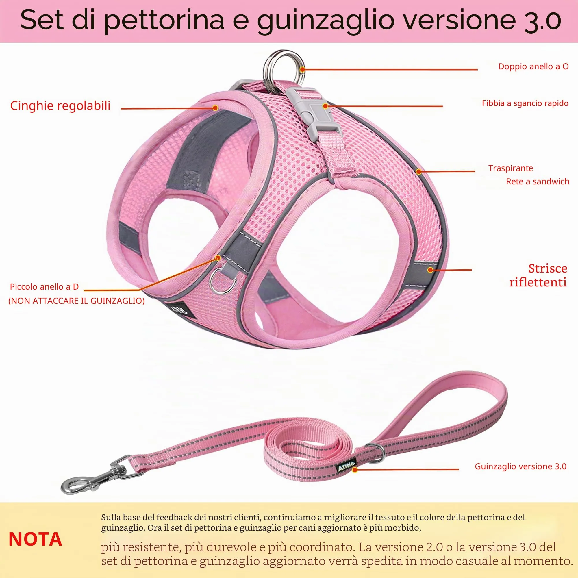 Aiitle Pettorina e Guinzaglio per Cani Anti-tiro e Anti-fuga con Fasce Riflettenti, Rosa puro, M - immagine 6
