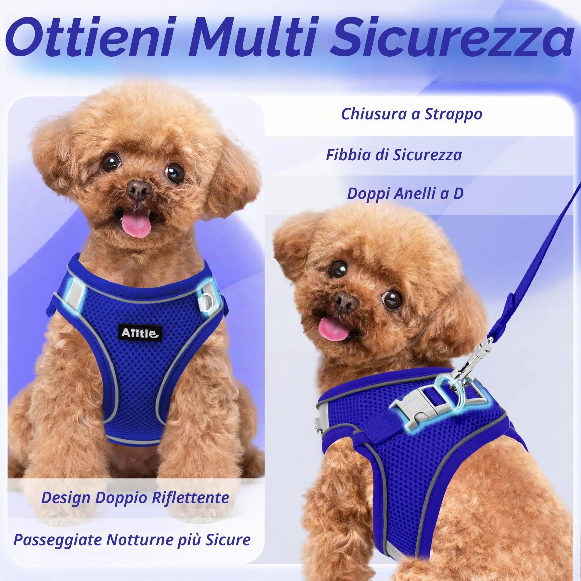 Aiitle Pettorina anti-tiro con guinzaglio, regolabile e riflettente per cani taglia extra piccola e gatti, blu - immagine 9