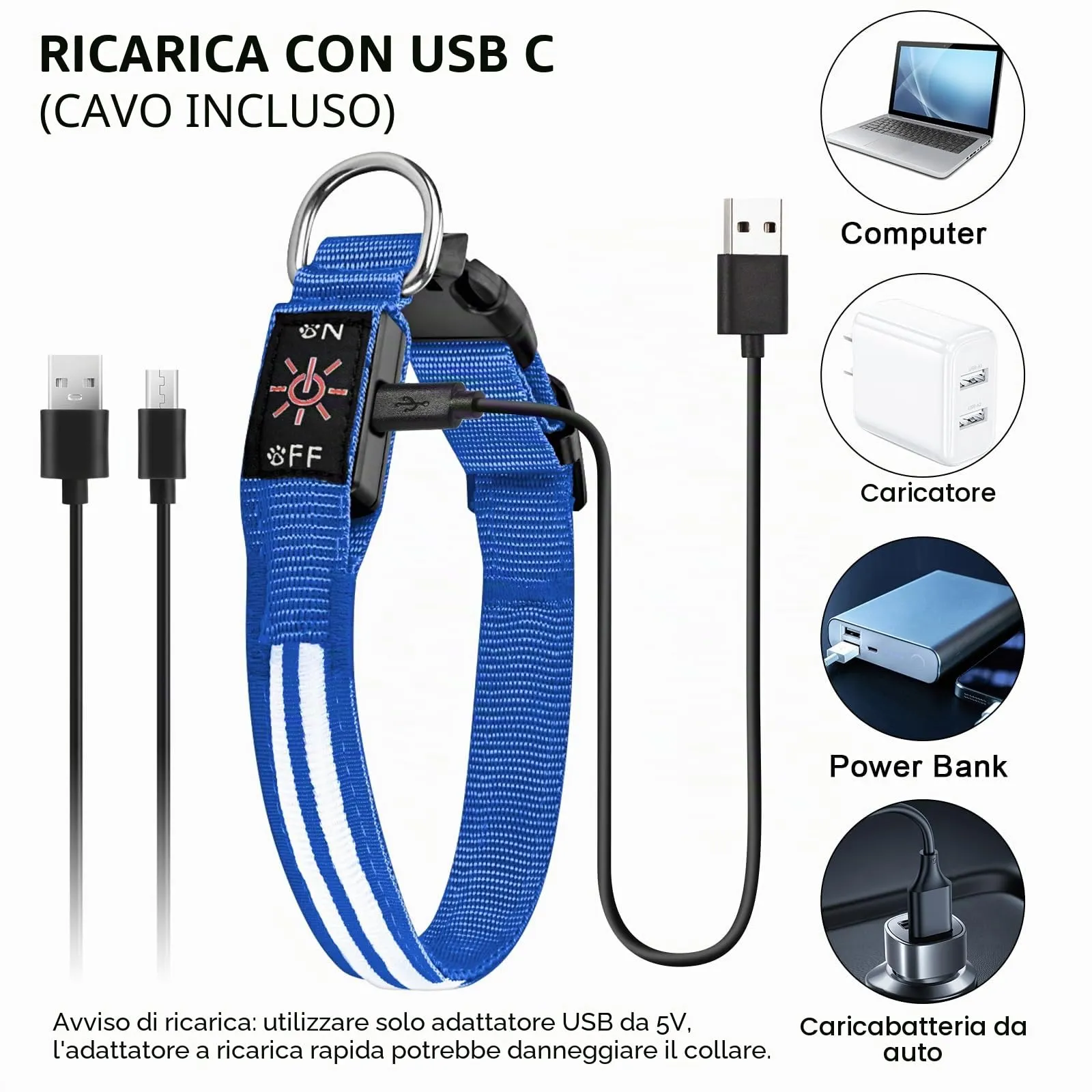 AUAUY Collare Luminoso per Cani, Ricaricabile USB, 3 Modalità, Blu, S - immagine 5