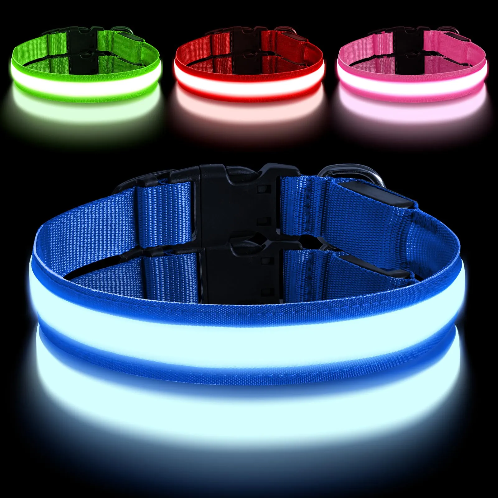 AUAUY Collare Luminoso per Cani, Ricaricabile USB, 3 Modalità, Blu, L - immagine 1