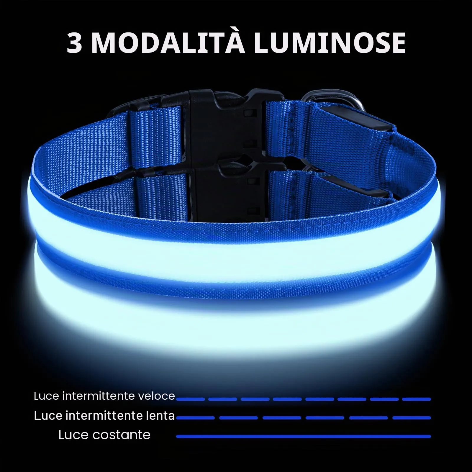 AUAUY Collare Luminoso per Cani, Ricaricabile USB, 3 Modalità, Blu, L - immagine 4