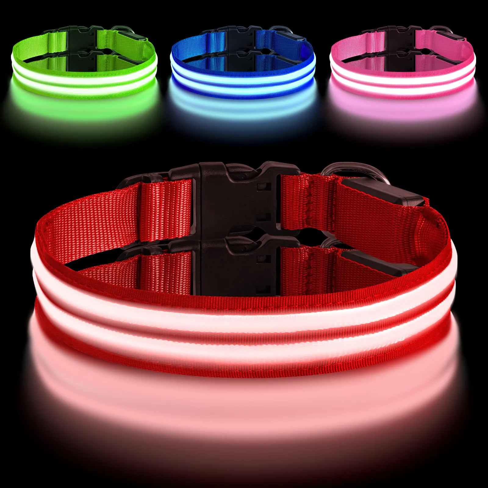 AUAUY Collare Luminoso per Cani, Ricaricabile USB, 3 Modalità, Rosso, Taglia M - immagine 1