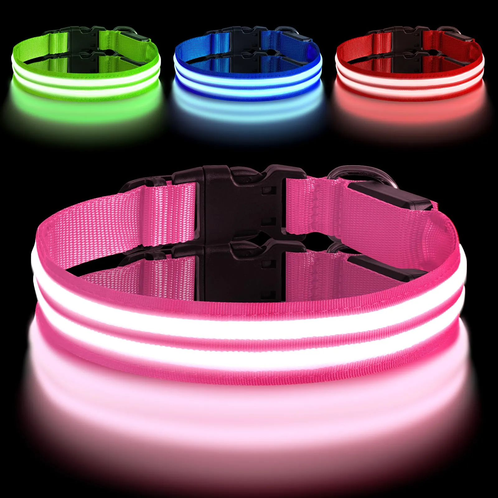 AUAUY Collare Luminoso per Cani, Ricaricabile USB, 3 Modalità, Rosa, L - immagine 1