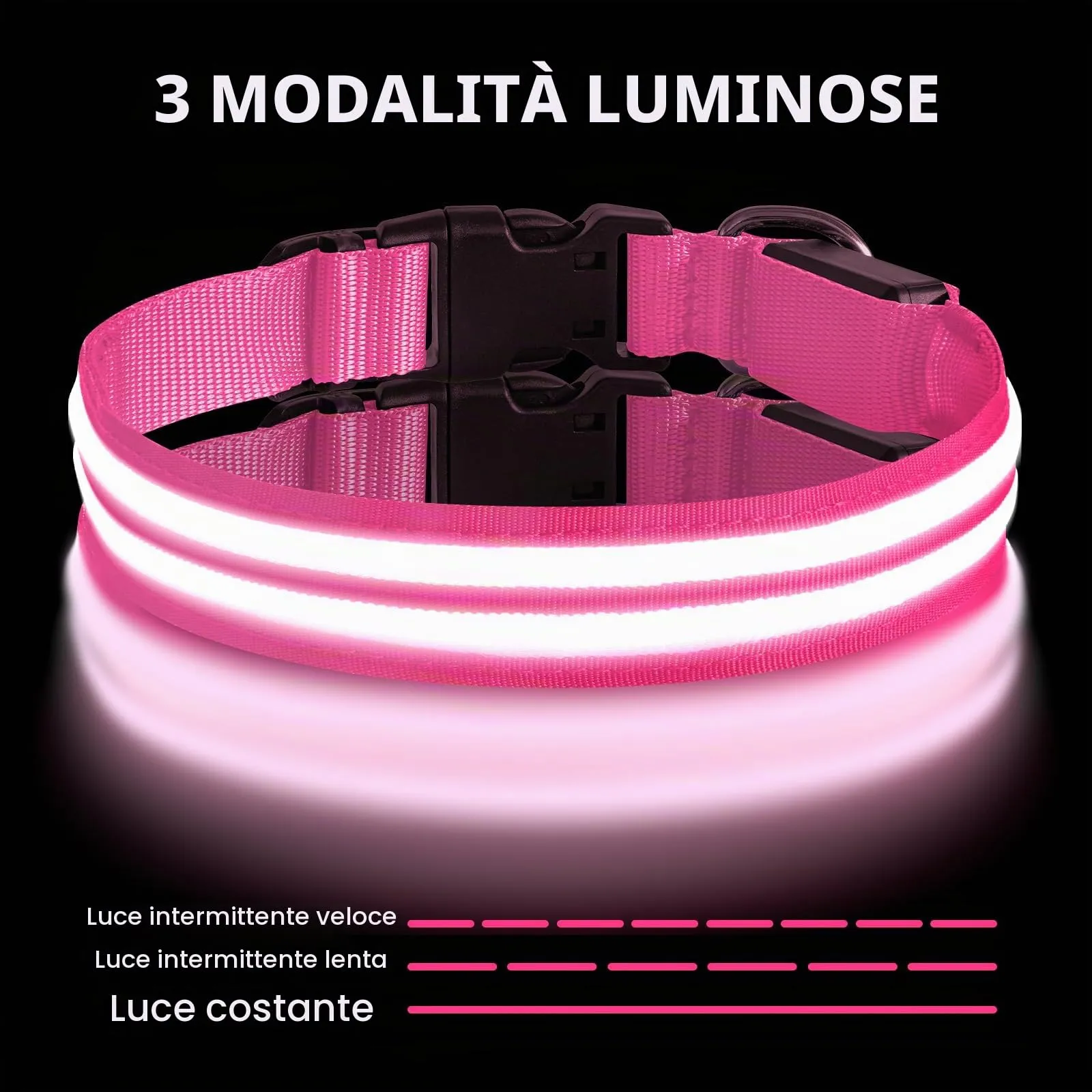 AUAUY Collare Luminoso per Cani, Ricaricabile USB, 3 Modalità, Rosa, L - immagine 4