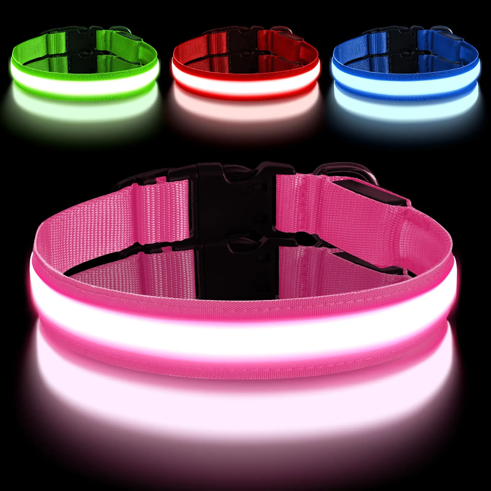 AUAUY Collare Luminoso per Cani, Ricaricabile USB, 3 Modalità, Rosa, L - immagine 1