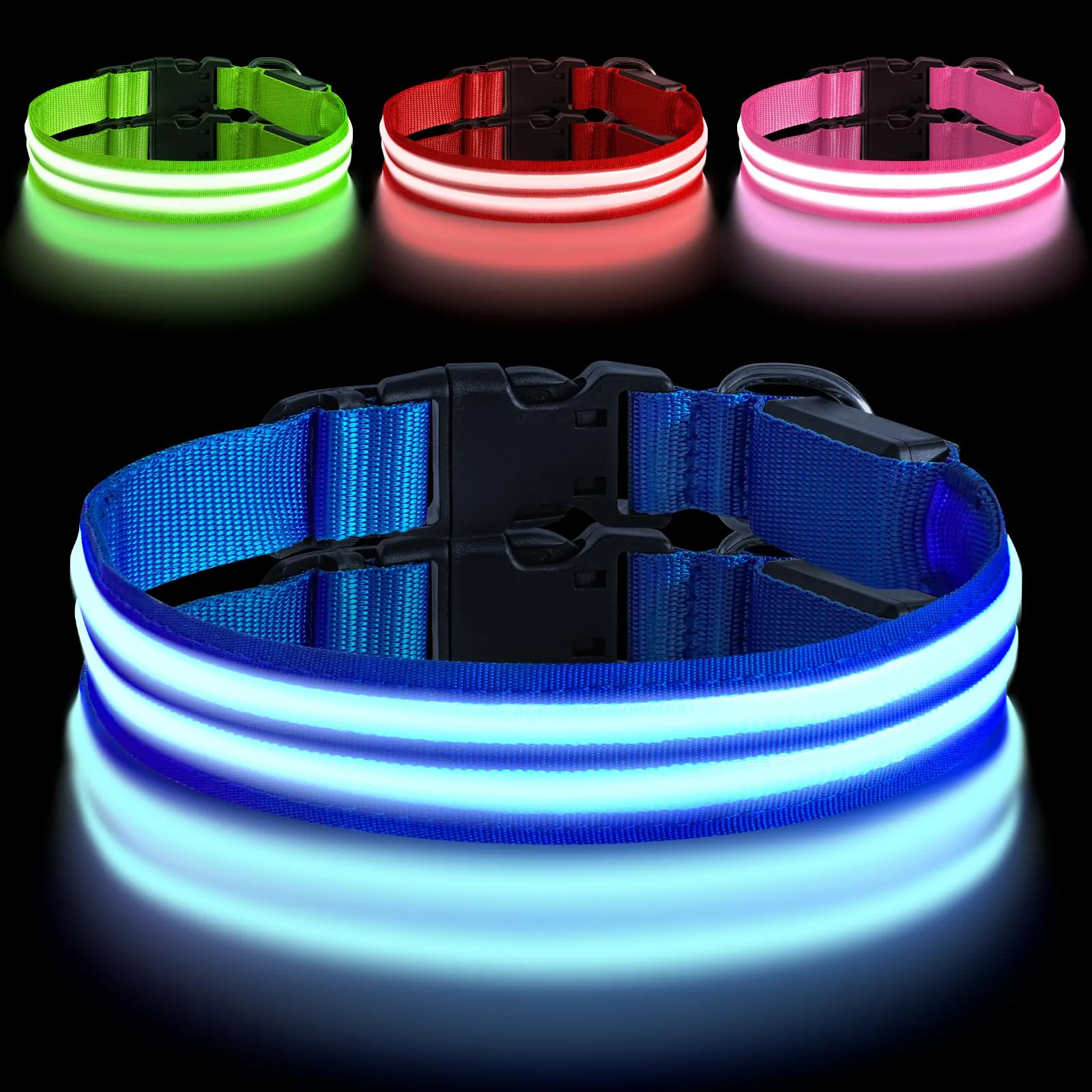 AUAUY Collare Luminoso per Cani, Ricaricabile USB, 3 Modalità, Blu, M - immagine 1