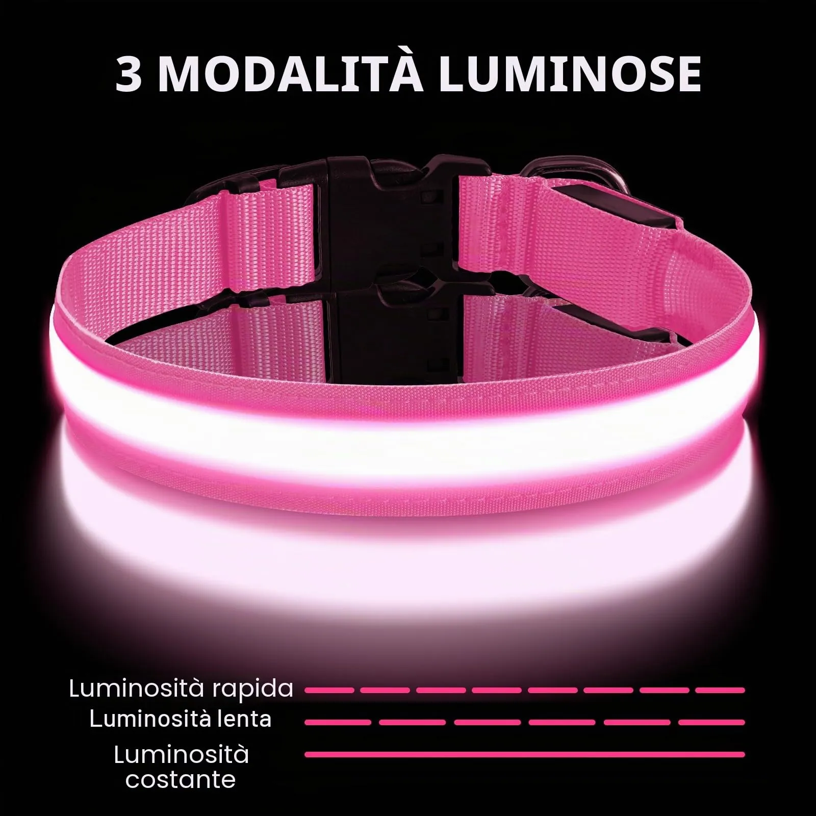 AUAUY Collare Luminoso per Cani, Ricaricabile USB, 3 Modalità, Rosa, M - immagine 4