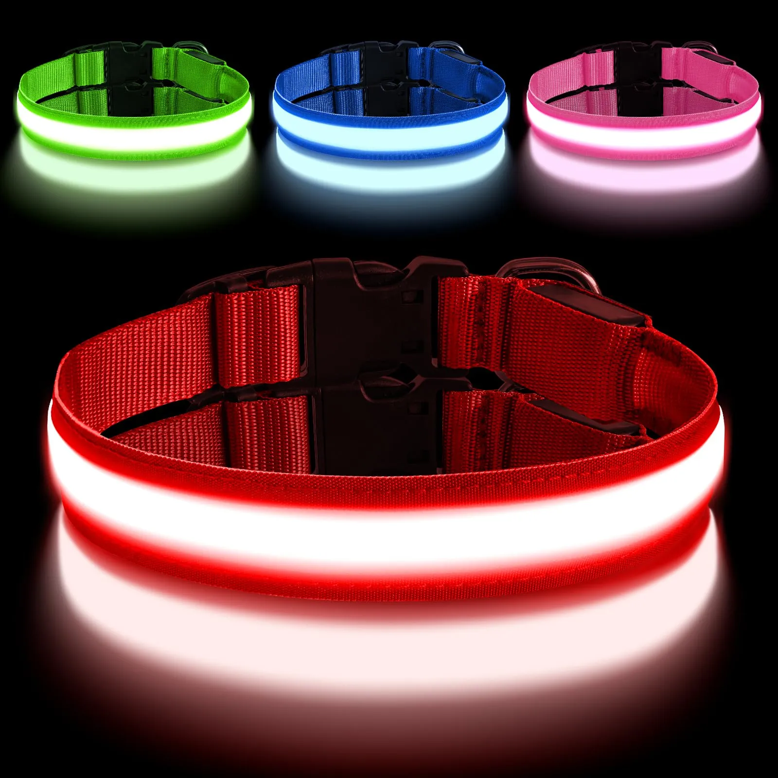 AUAUY Collare Luminoso per Cani, Ricaricabile USB, 3 Modalità, Rosso, L - immagine 1
