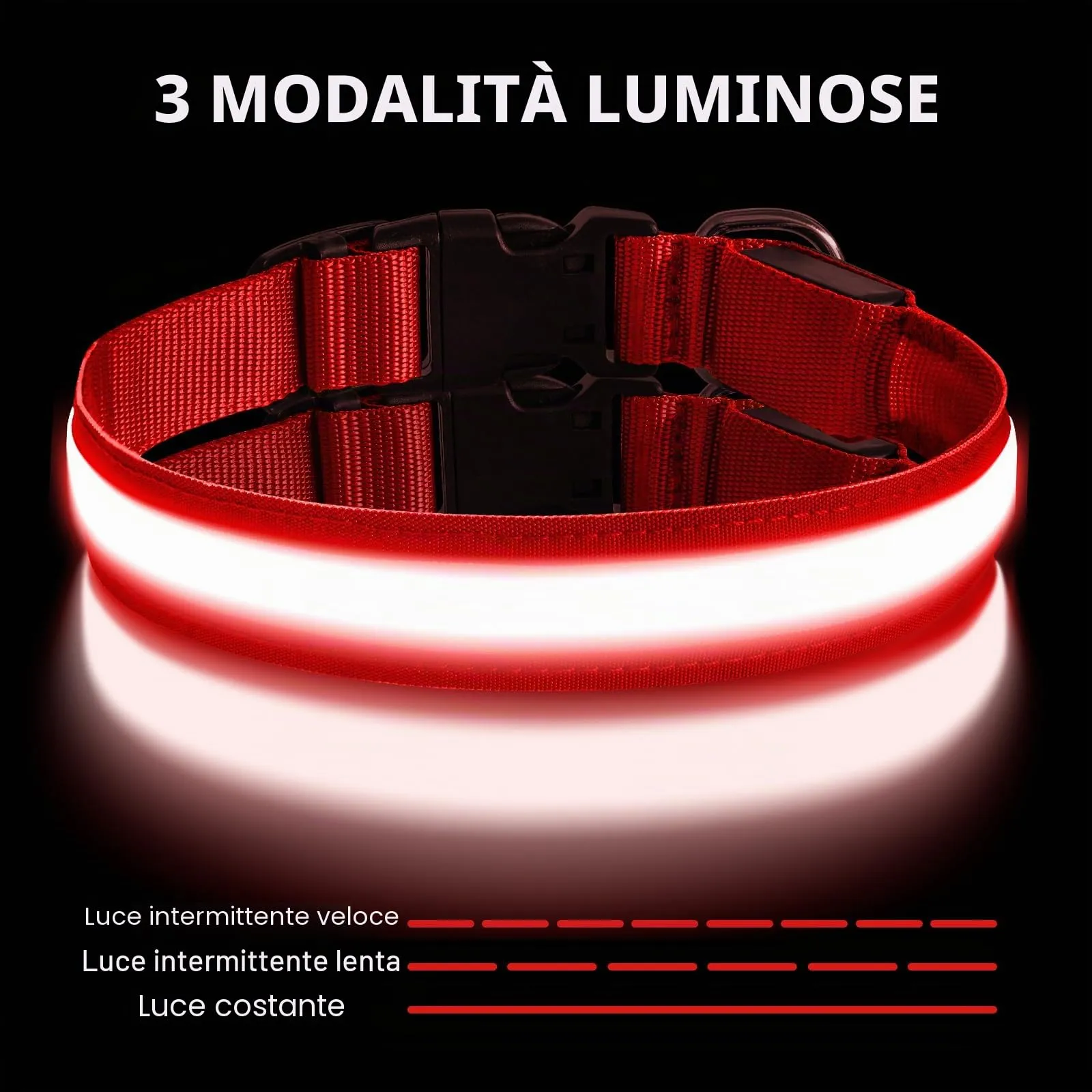 AUAUY Collare Luminoso per Cani, Ricaricabile USB, 3 Modalità, Rosso, L - immagine 4