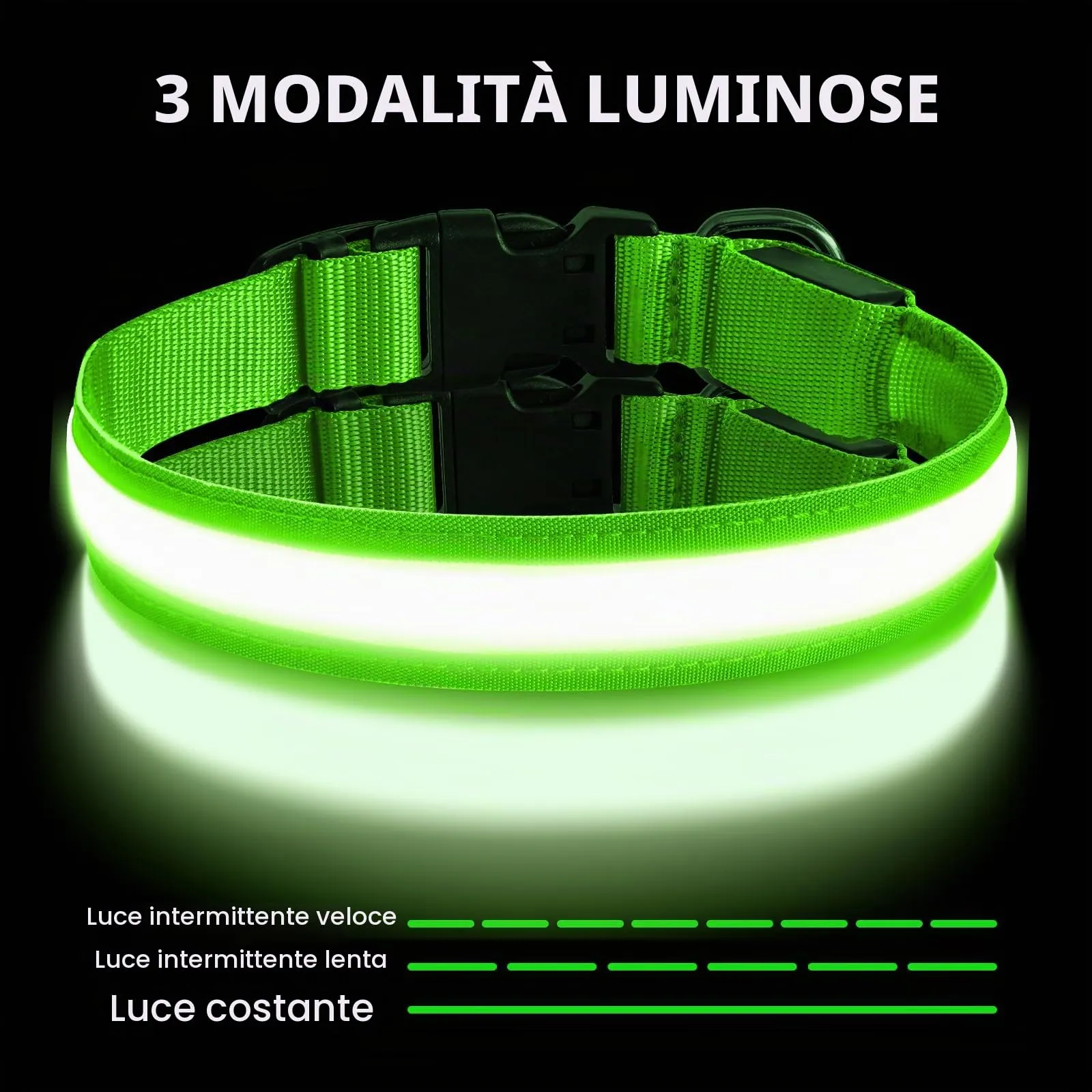 AUAUY Collare Luminoso per Cani, Ricaricabile USB, 3 Modalità, Verde, L - immagine 4