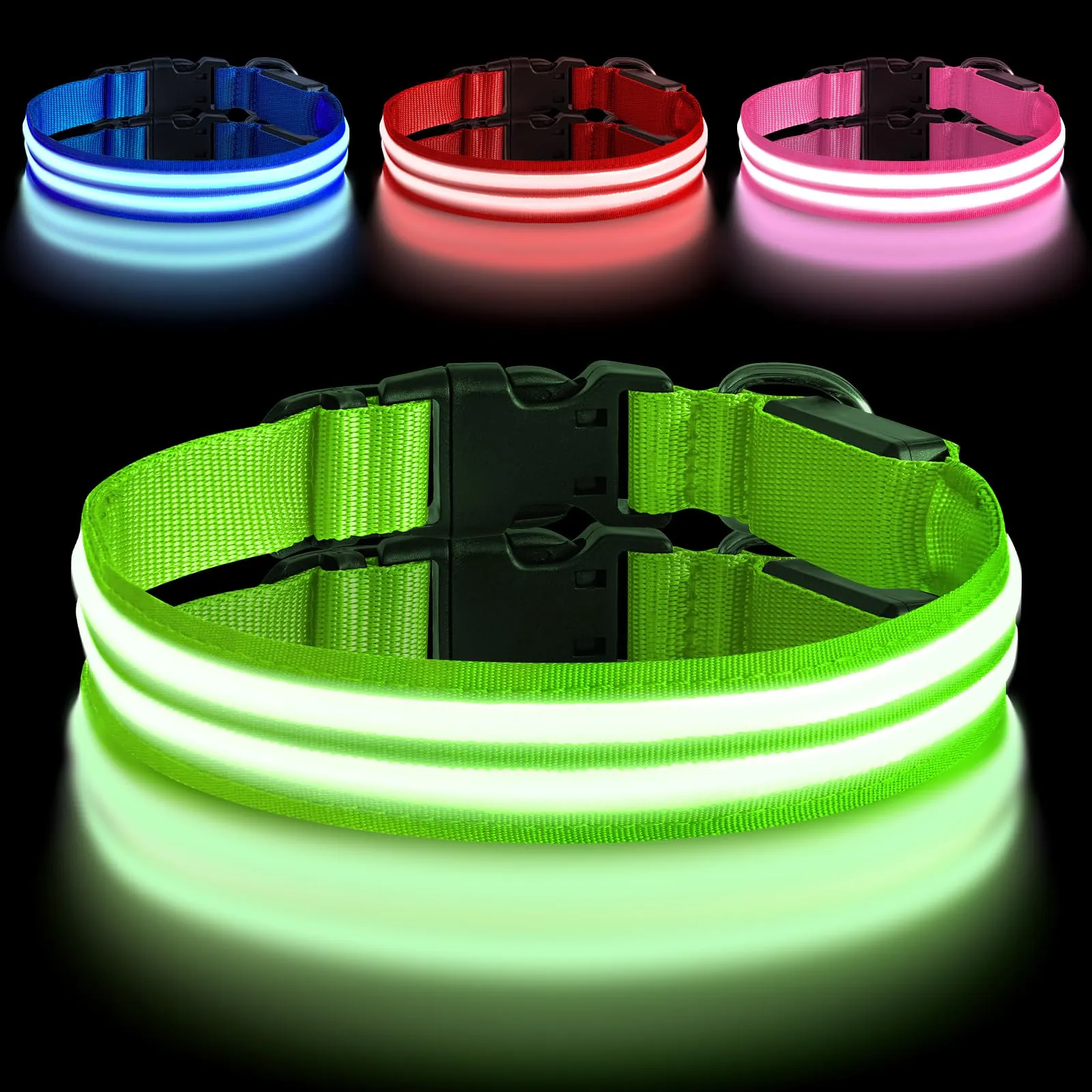 AUAUY Collare Luminoso per Cani, Ricaricabile USB, 3 Modalità, Verde-L - immagine 1