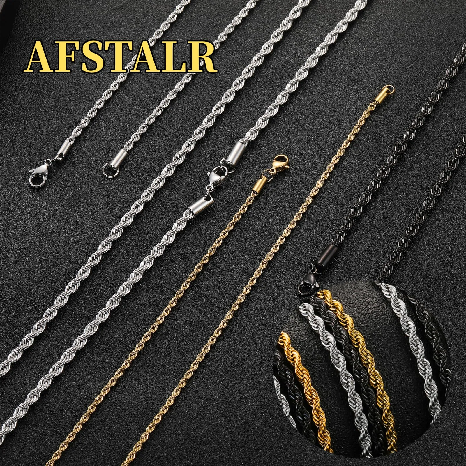 AFSTALR Collana Uomo Maglia Catena Twisted in Acciaio Inossidabile, Nero, 3mm, 45cm - immagine 2