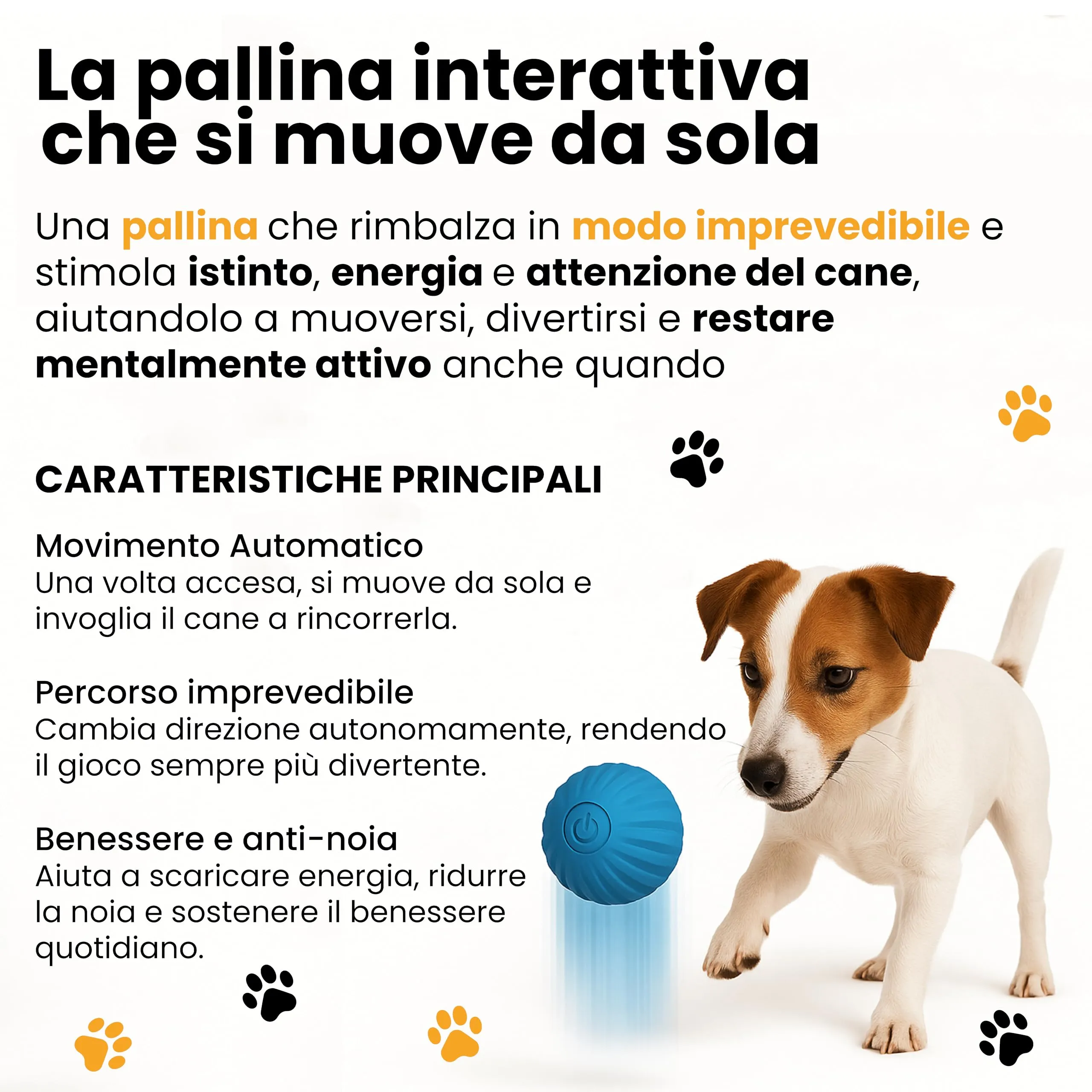 musapet Pallina Interattiva per Cani e Gatti, Auto-rimbalzante, Vibrante, Ricaricabile USB con luce LED - immagine 2
