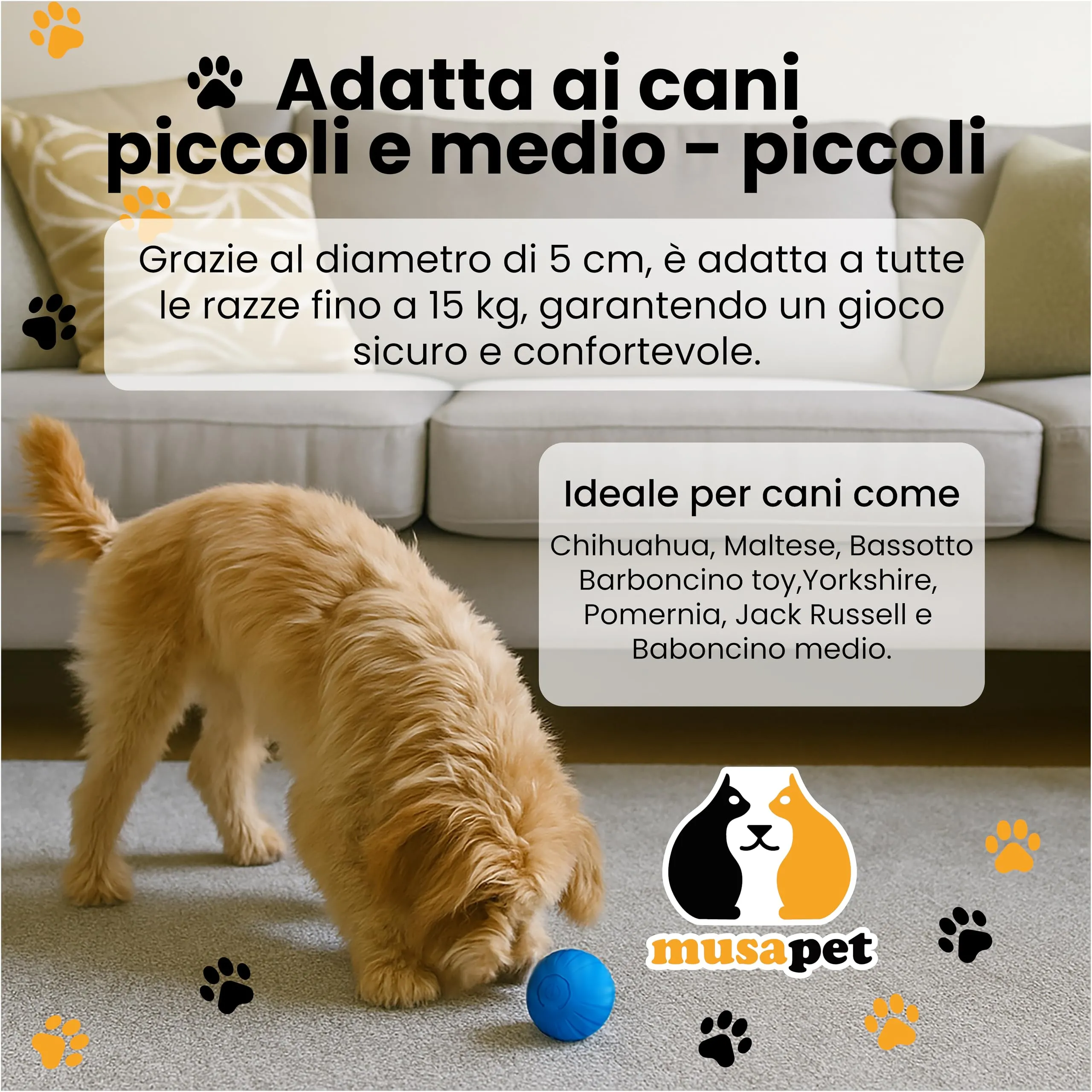 musapet Pallina Interattiva per Cani e Gatti, Auto-rimbalzante, Vibrante, Ricaricabile USB con luce LED - immagine 3