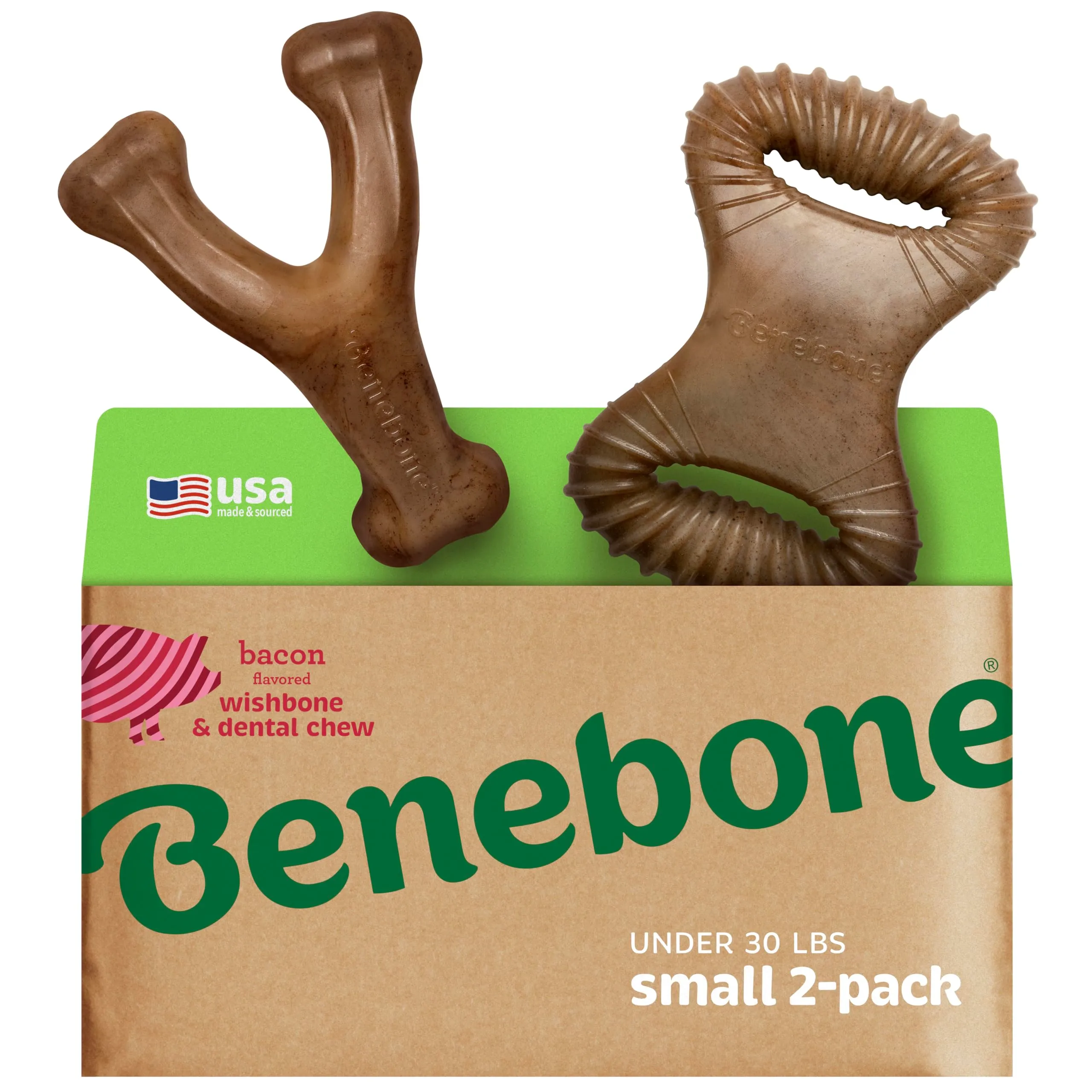 Benebone Wishbone e Dental Giochi Resistenti al Bacon Reale, Piccolo, Confezione da 2 - immagine 1