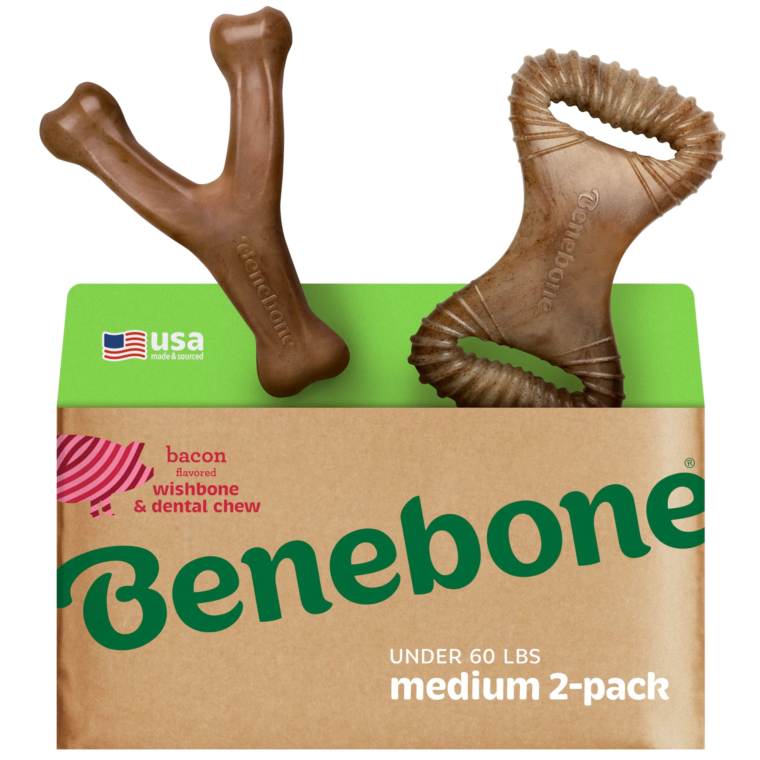 Benebone Wishbone and Dental Chews, Bacon, Medium, Pack of 2 - immagine 1