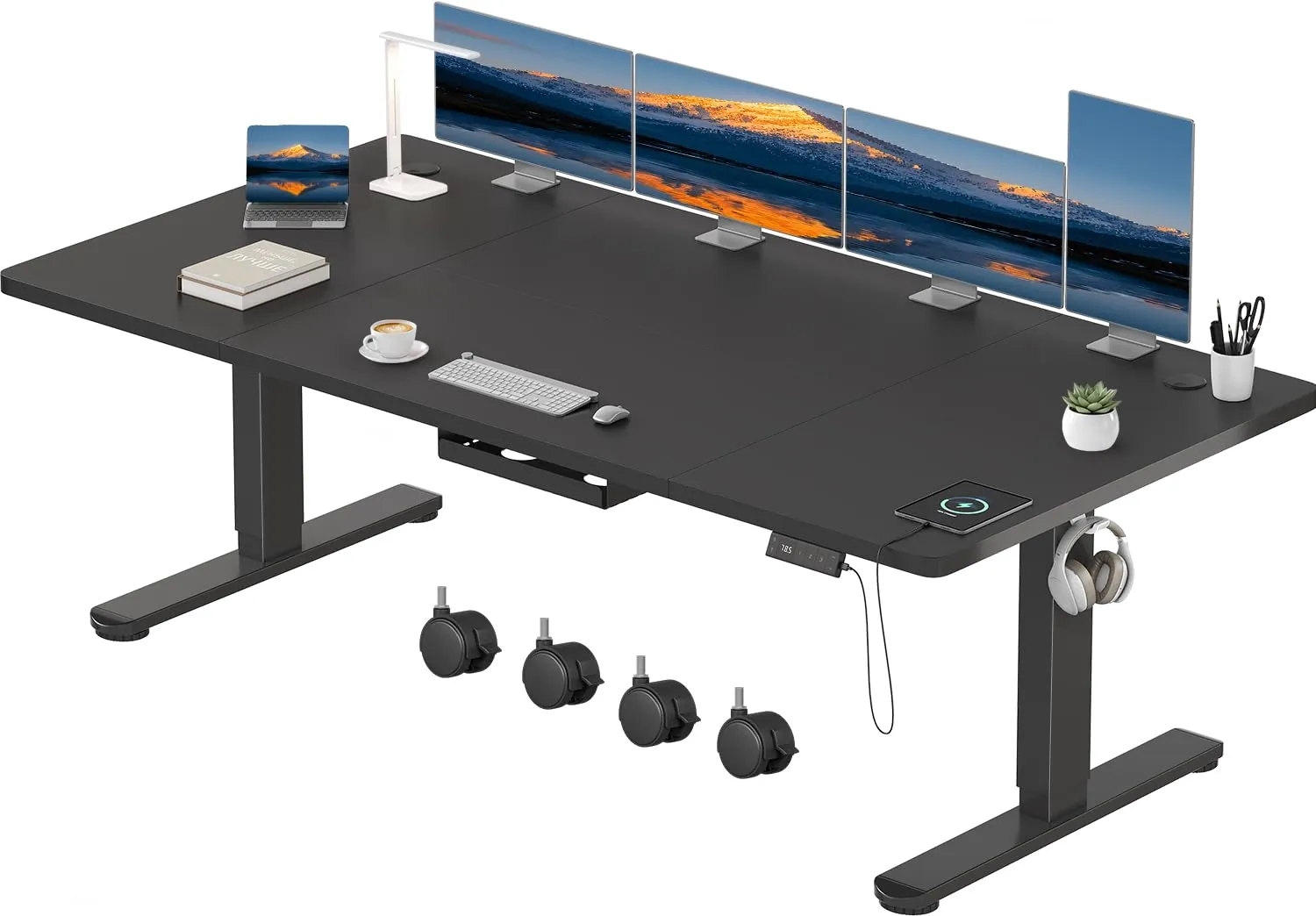 Devoko Scrivania Regolabile in Altezza 200x100 cm Nero con Ruote - immagine 1