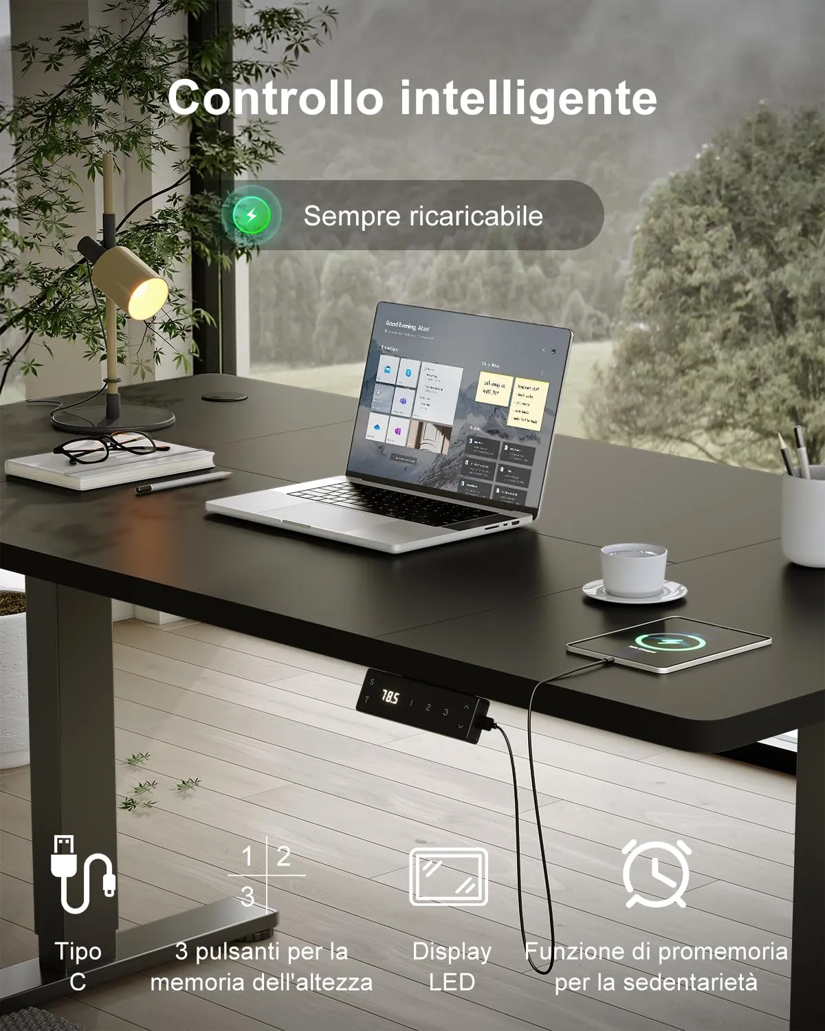 Devoko Scrivania Regolabile in Altezza 200x100 cm Nero con Ruote - immagine 4