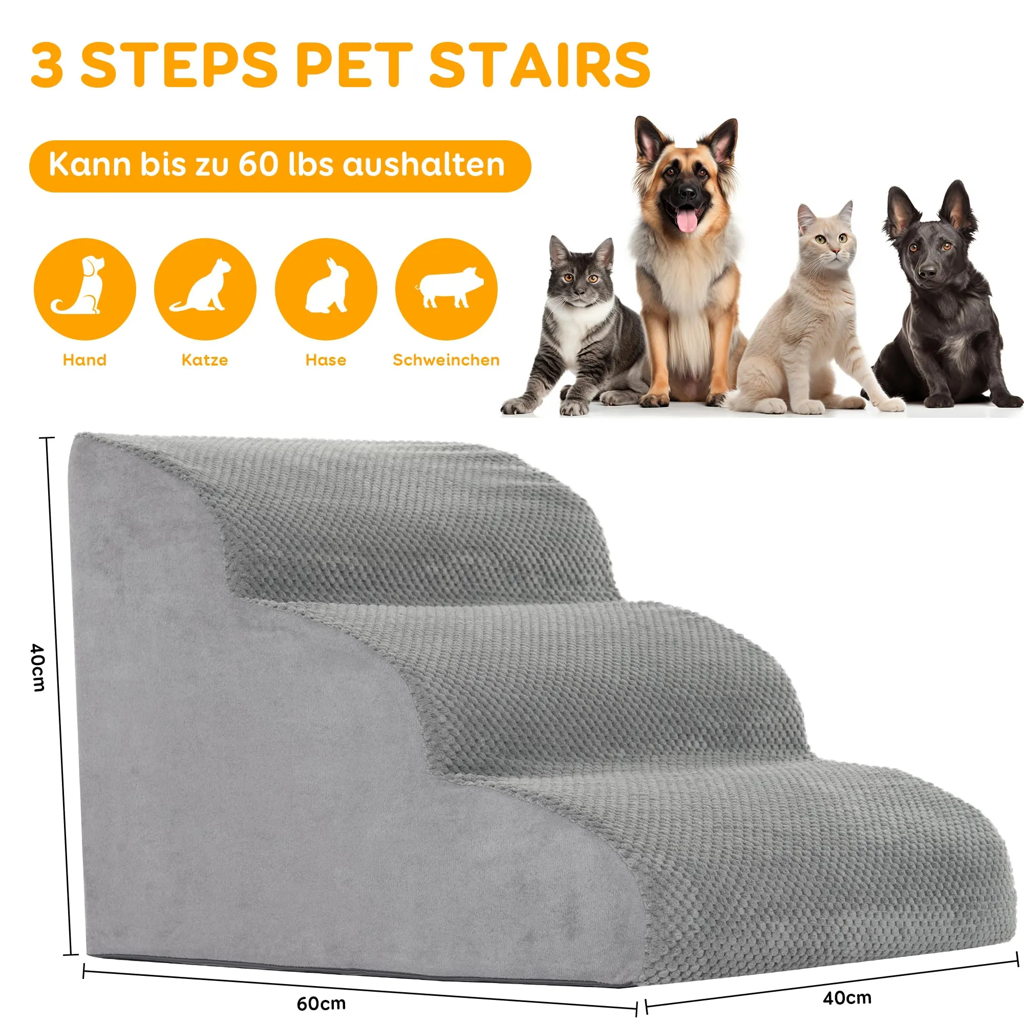 YunNasi Scaletta per Cani per Letto e Divano, 3 Gradini, 60 x 40 x 40 cm, Grigio - immagine 2