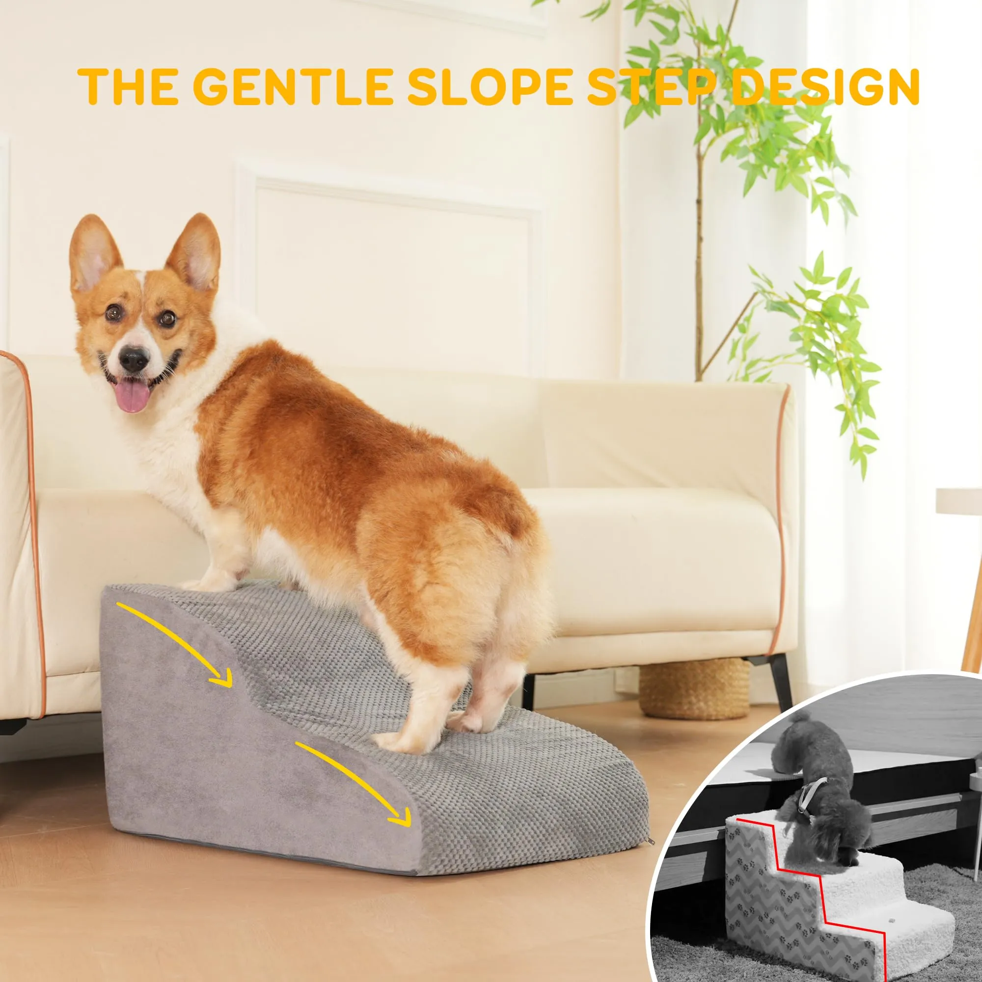 YunNasi Scaletta per Cani per Letto e Divano, 3 Gradini, 60 x 40 x 40 cm, Grigio - immagine 3