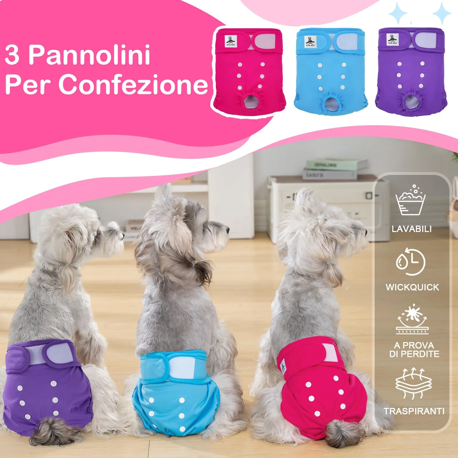 UFO PET Mutandine Lavabili per Cane Femmina in Calore, Taglia M (3 Pezzi) - immagine 3