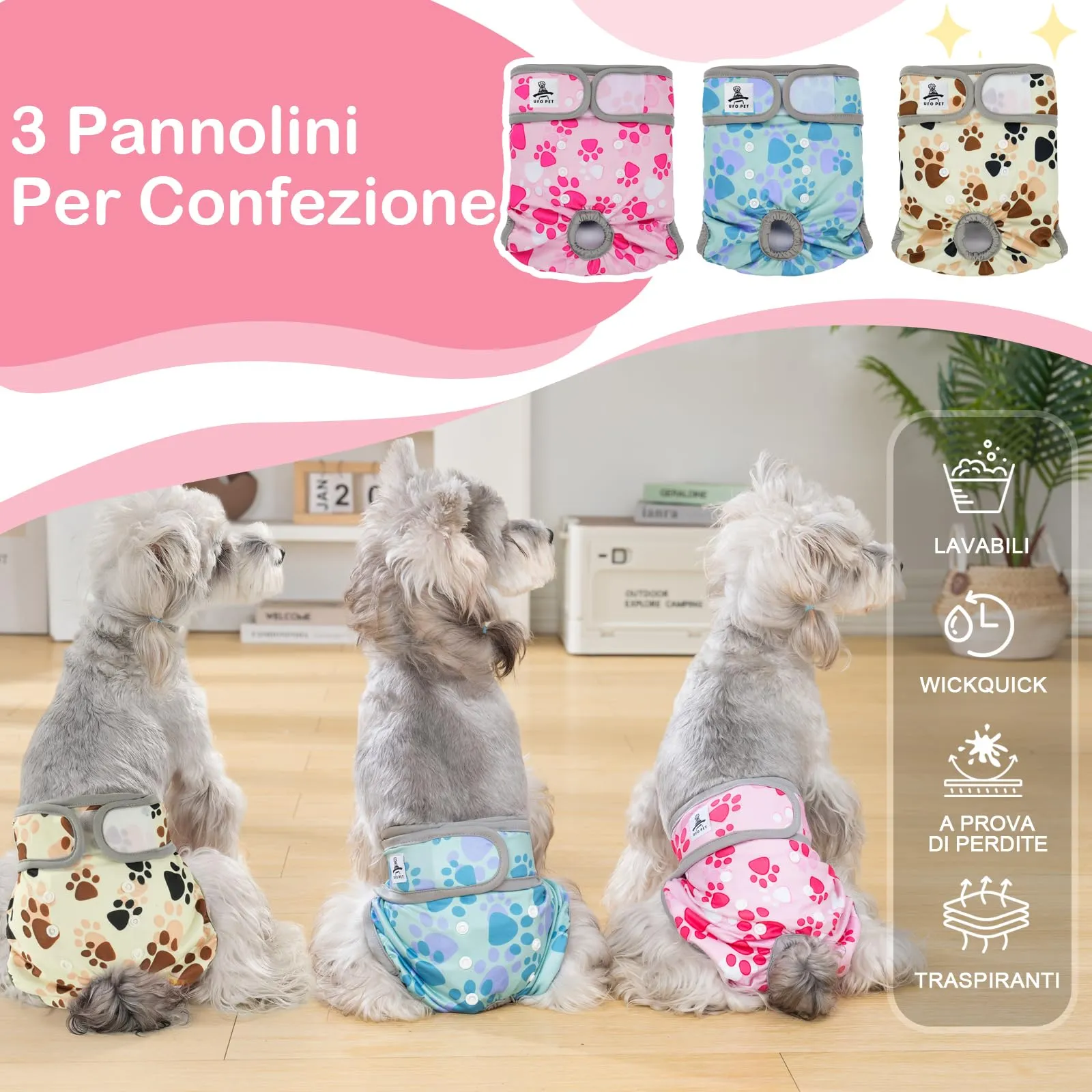 UFO PET Mutandine Lavabili per Cane Femmina, Taglia M, 3 Pezzi - immagine 3