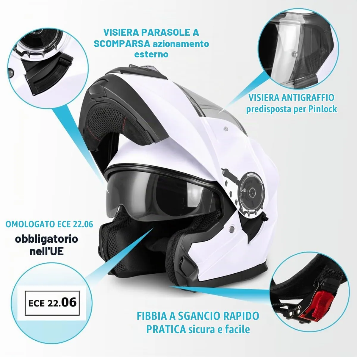 Vinz Santos Casco Modulare Moto & Scooter, Doppia Visiera, ECE 22.06, Pinlock, Bianco, Taglia L - immagine 2