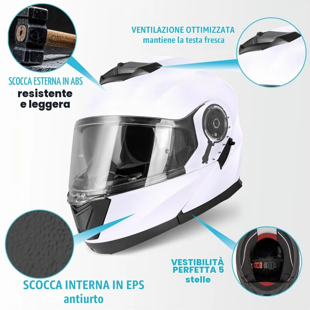 Vinz Santos Casco Modulare Moto & Scooter, Doppia Visiera, ECE 22.06, Pinlock, Bianco, Taglia L - immagine 4