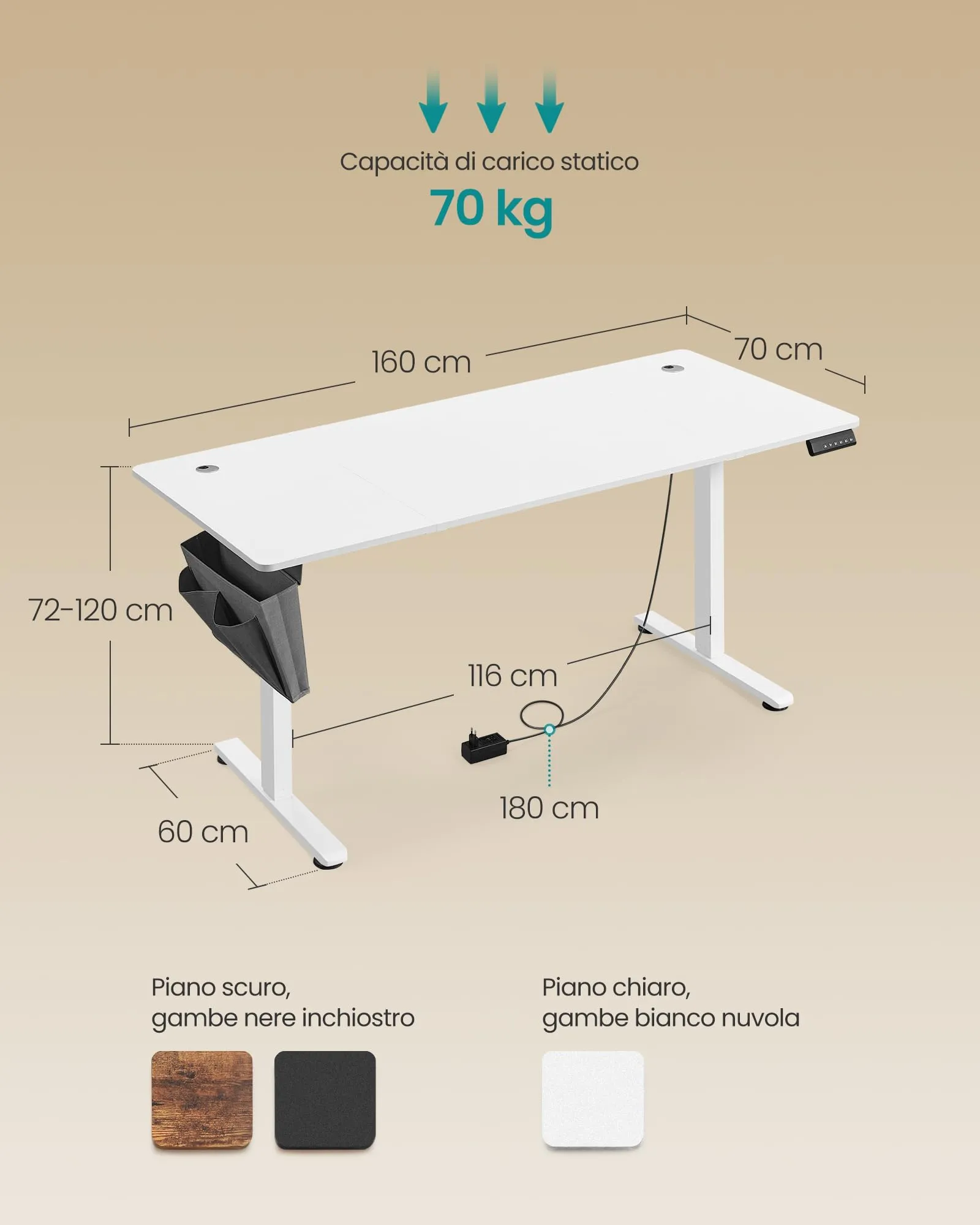SONGMICS Scrivania Regolabile in Altezza Elettrica, 160 x 70 cm, Memoria 4 Altezze, Porta USB-C, Bianco Nuvola LSD136W01 - immagine 2