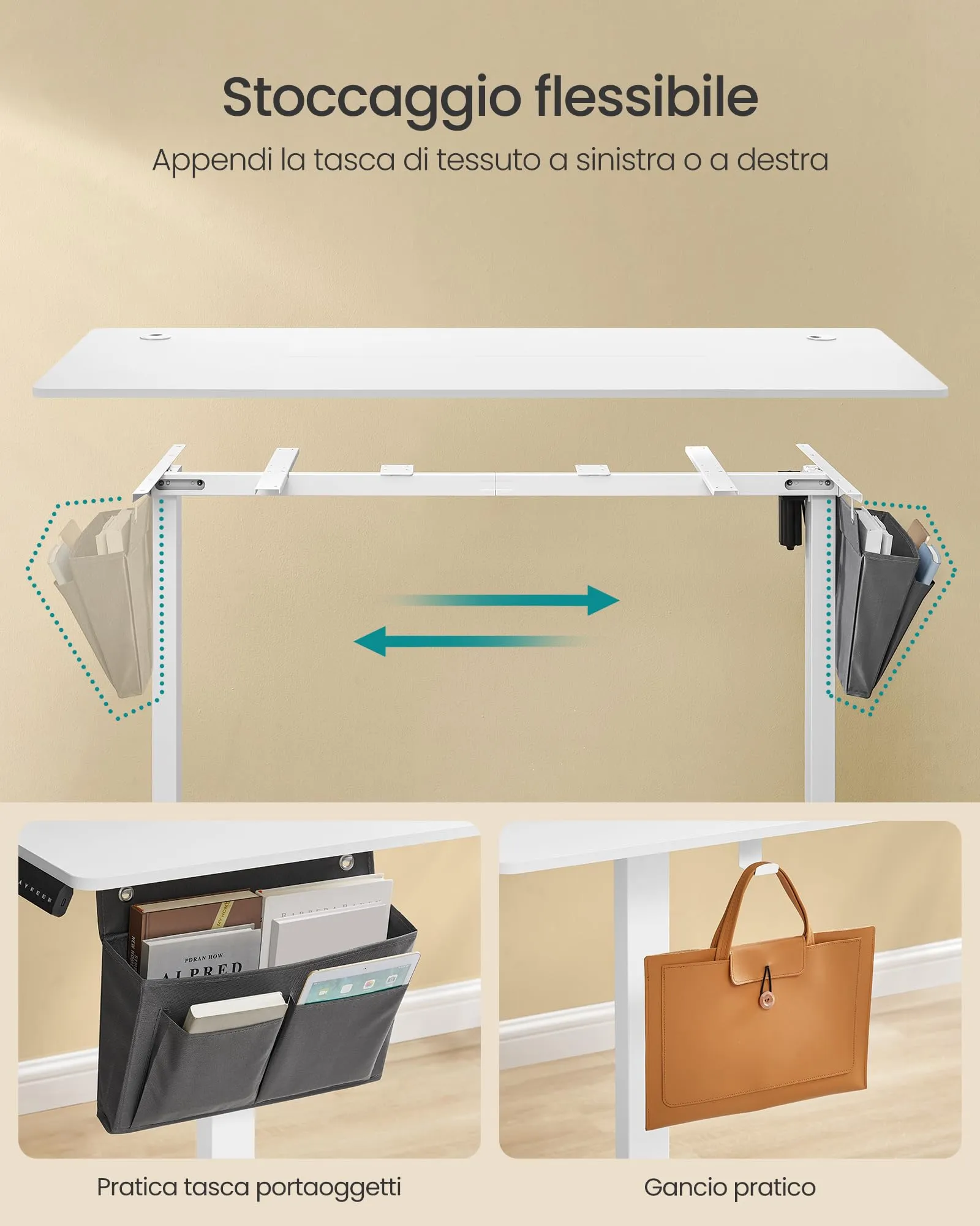 SONGMICS Scrivania Regolabile in Altezza Elettrica, 160 x 70 cm, Memoria 4 Altezze, Porta USB-C, Bianco Nuvola LSD136W01 - immagine 5