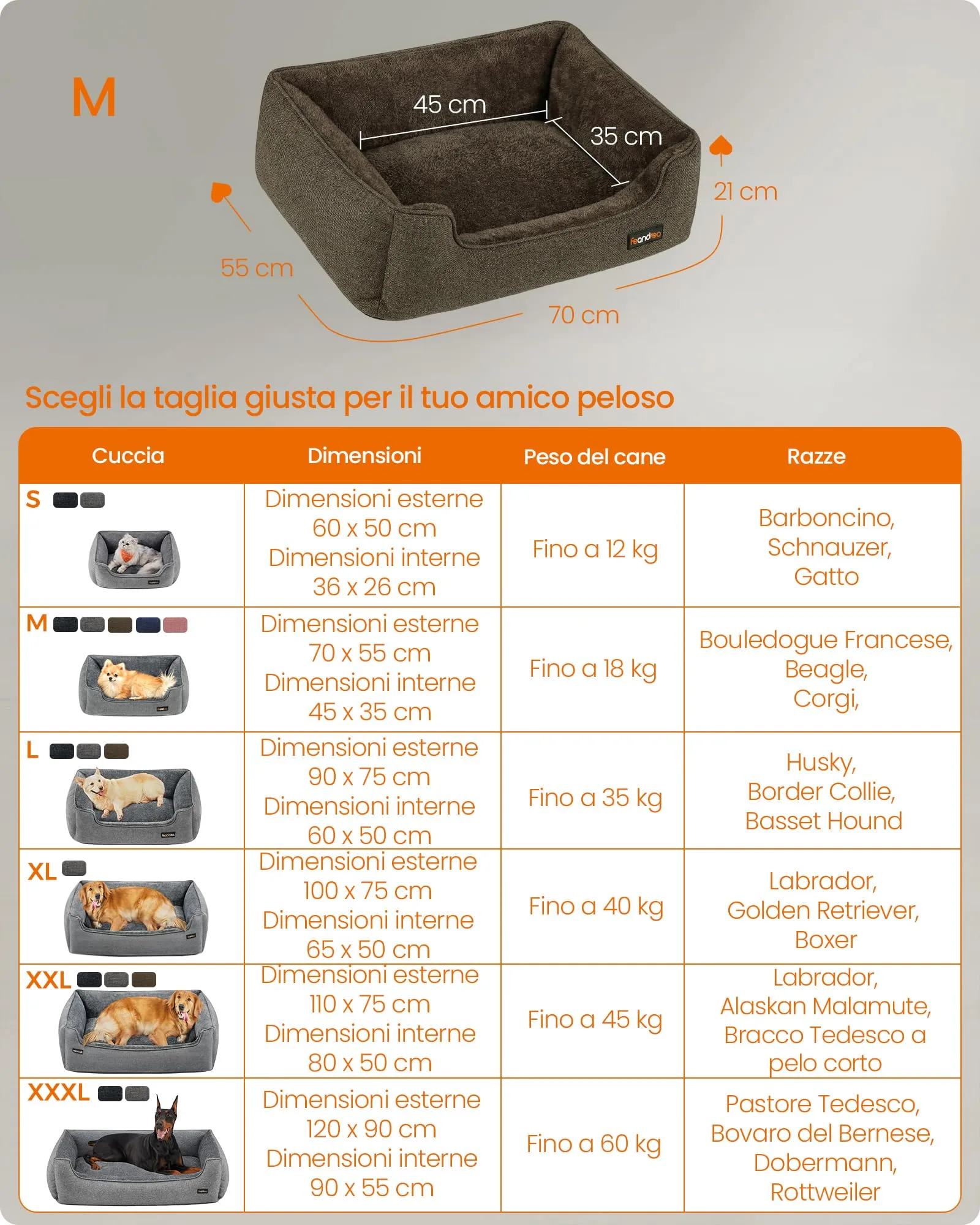 Feandrea Cuccia per Cani in Simil Lino, Bordi Rialzati, Fondo Antiscivolo, Copertura Sfoderabile, Taglia M, 70 x 55 x 21 cm, Marrone PGW10CC - immagine 7