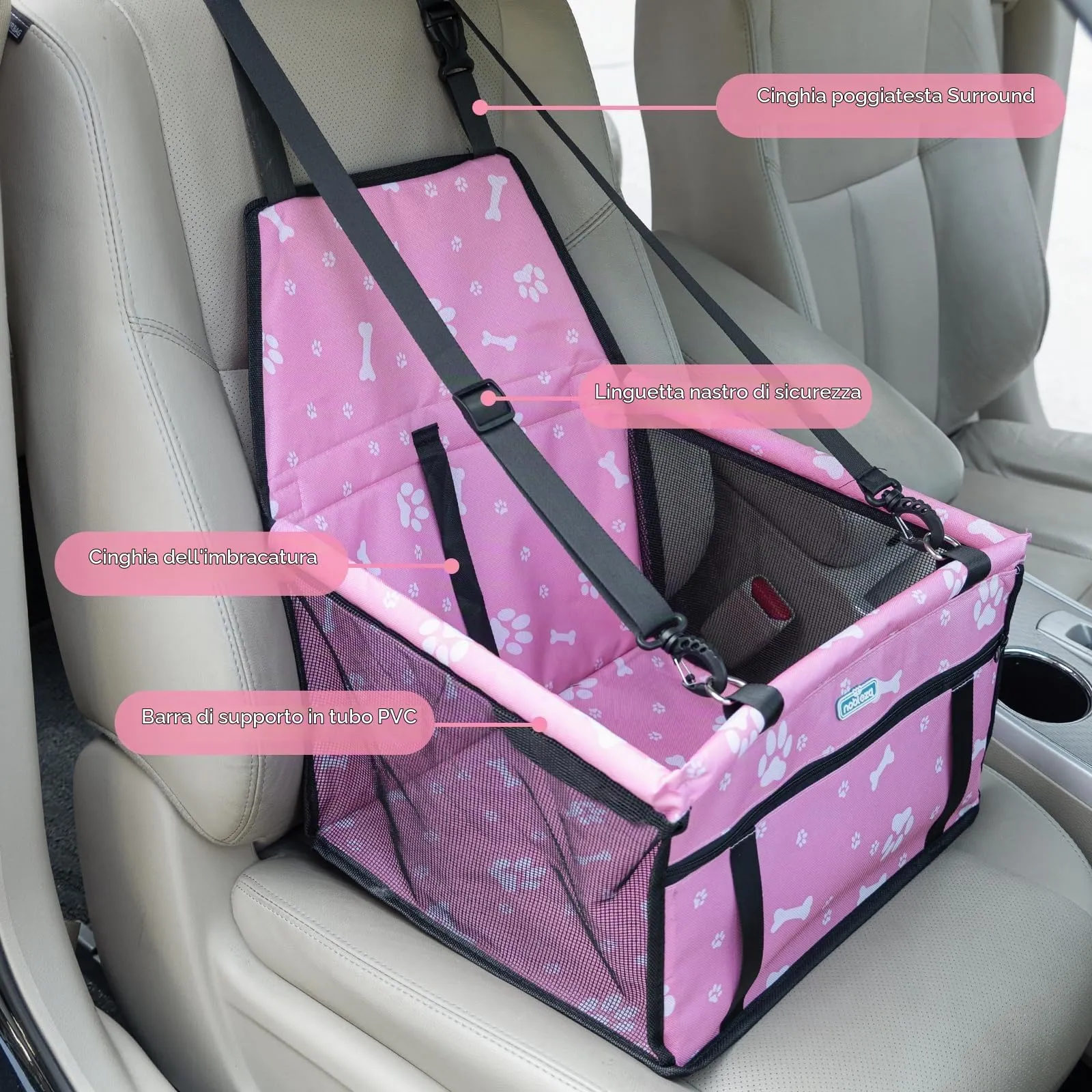 Nobleza Seggiolino Auto per Cani e Gatti, Trasportino Impermeabile e Pieghevole con Cintura di Sicurezza, 40x34x25cm, Rosa - immagine 2