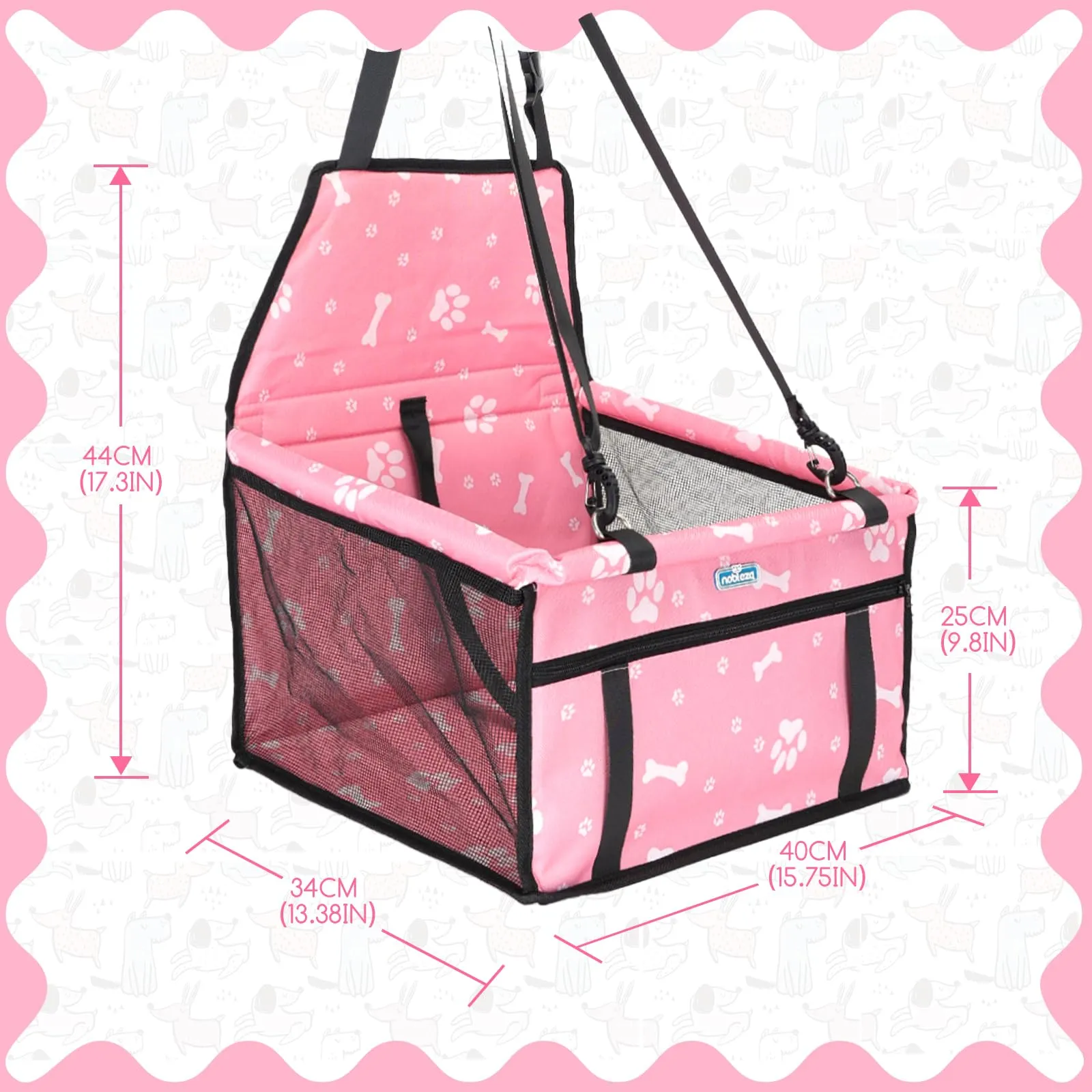 Nobleza Seggiolino Auto per Cani e Gatti, Trasportino Impermeabile e Pieghevole con Cintura di Sicurezza, 40x34x25cm, Rosa - immagine 3