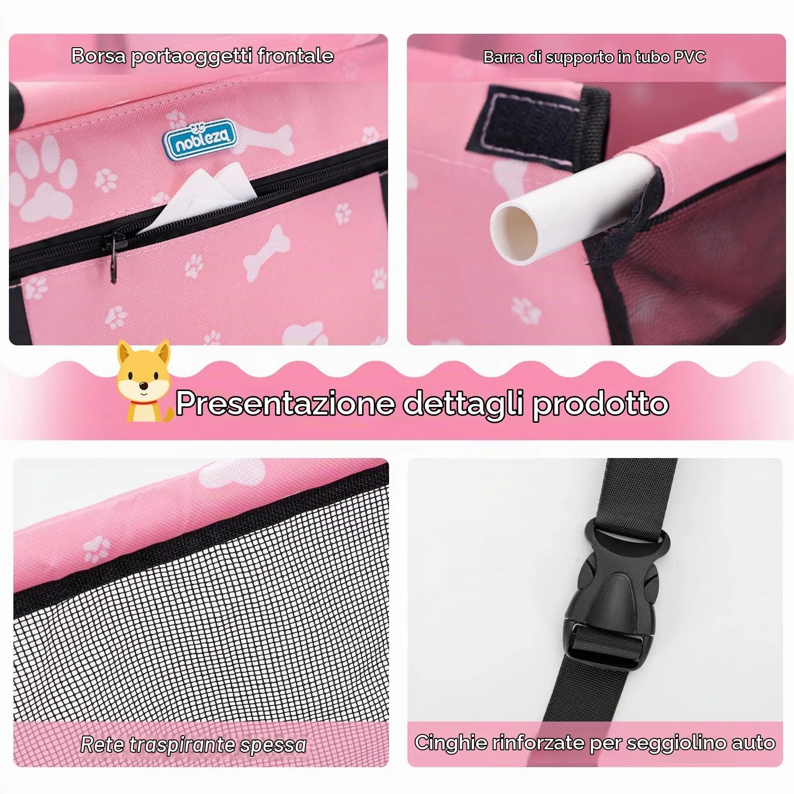 Nobleza Seggiolino Auto per Cani e Gatti, Trasportino Impermeabile e Pieghevole con Cintura di Sicurezza, 40x34x25cm, Rosa - immagine 4